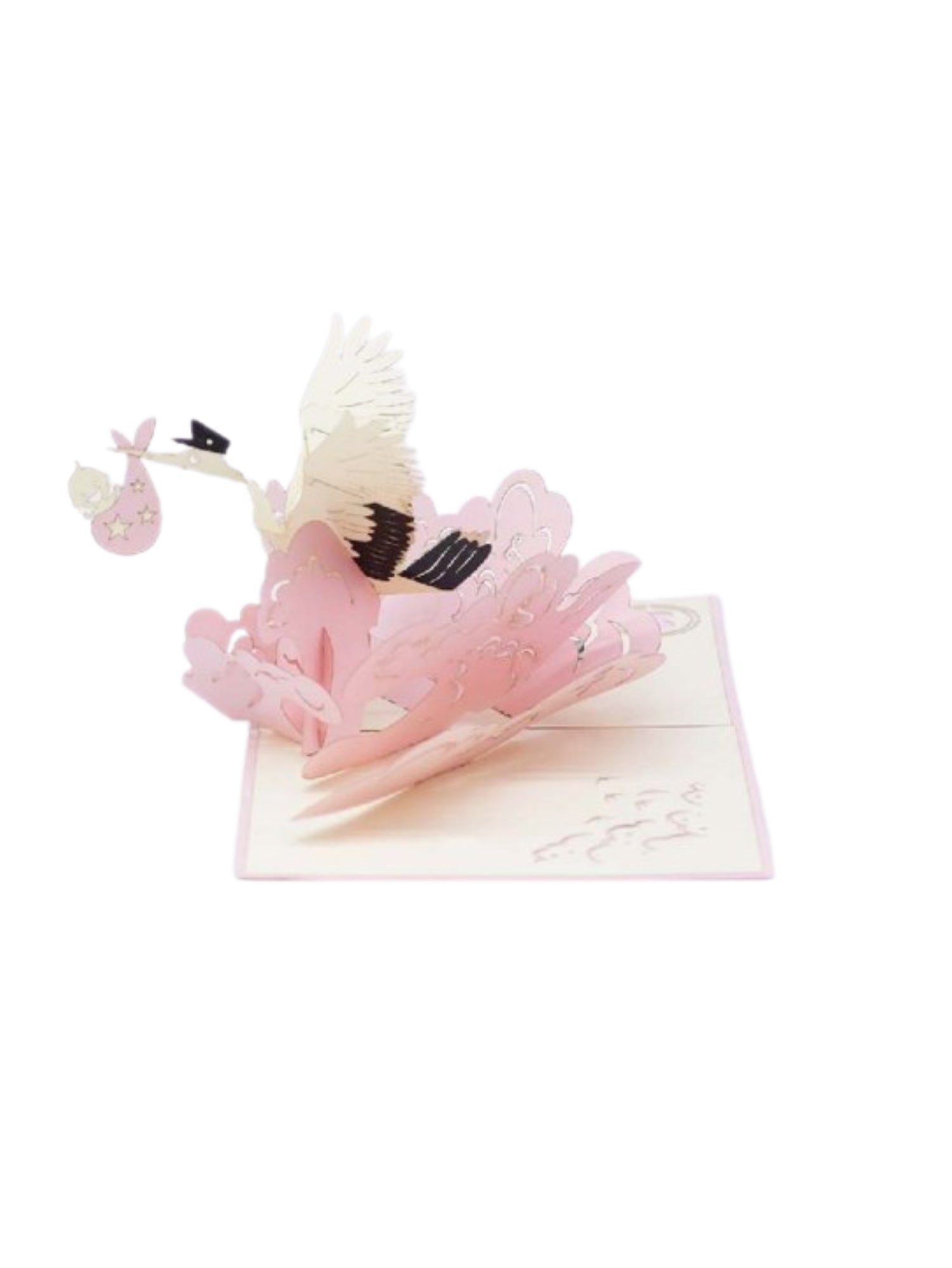 Origamo biglietto di auguri pop up per nascita rosa KN078 BIMBA ARRIVA LA CICOGNA ORIGAMO