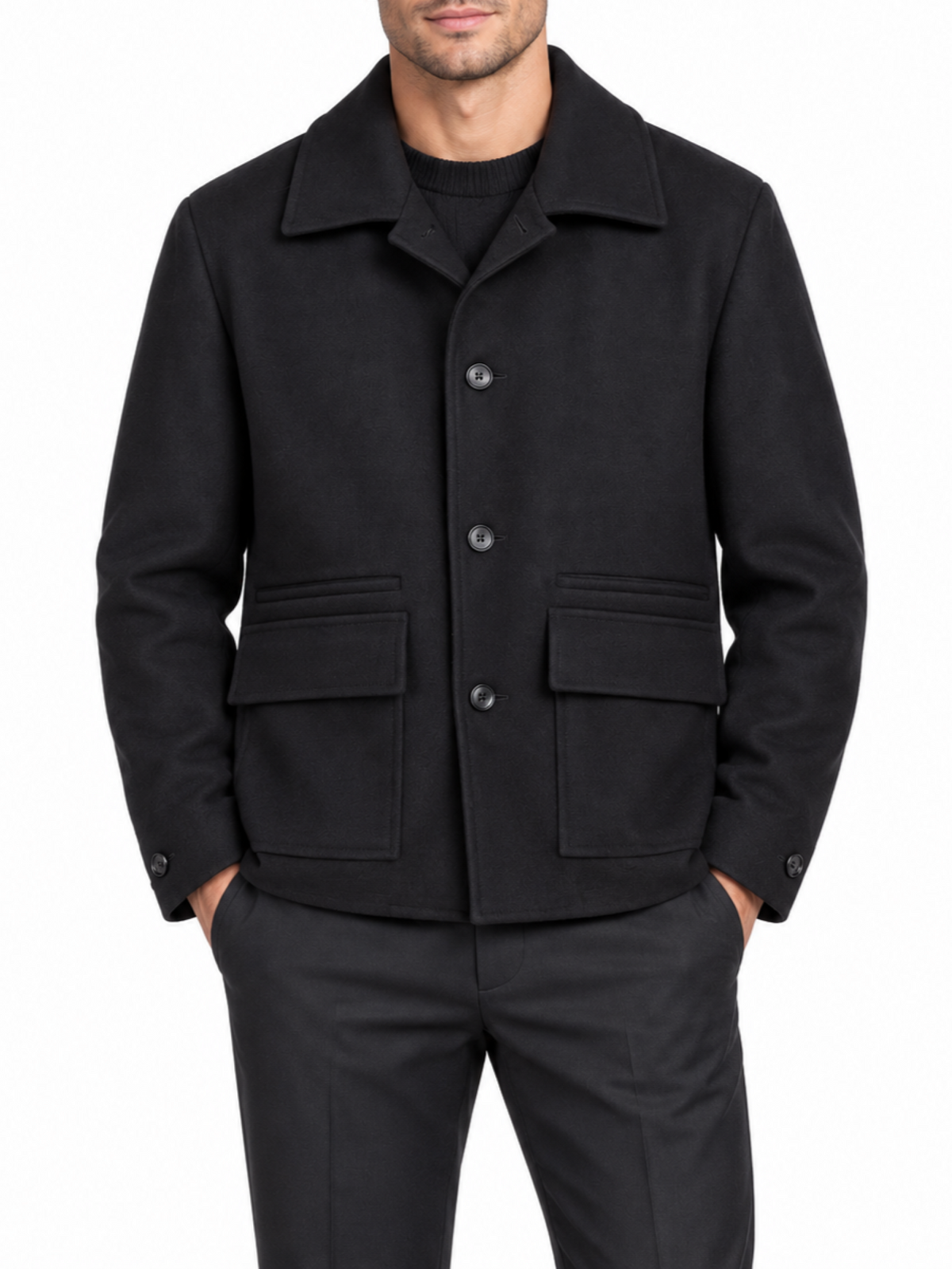Bicolore cappotto corto uomo in panno misto lana nero R7798-GHENT NERO Bicolore