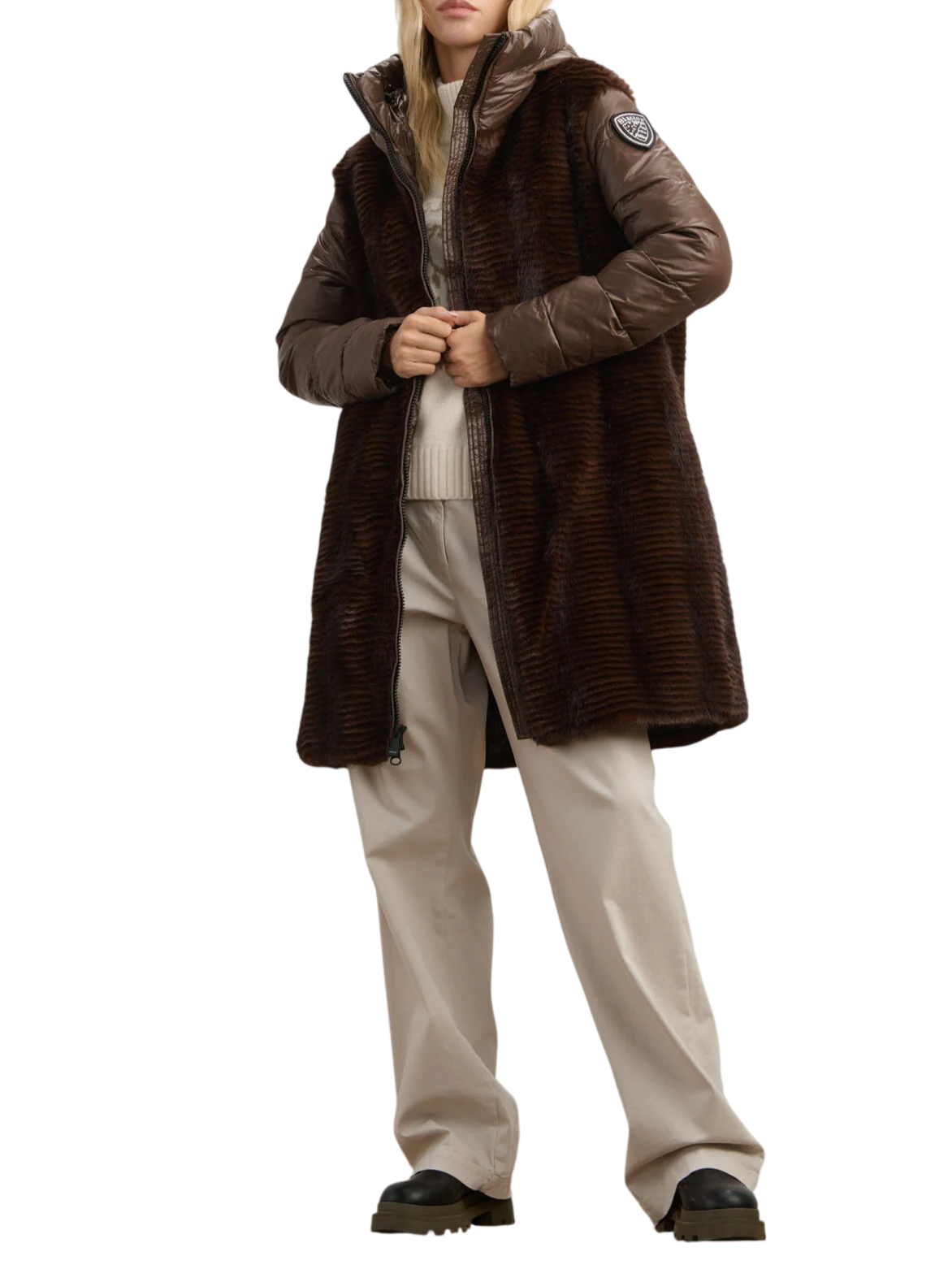 Blauer piumino lungo donna Aspen in ecopelliccia e nylon marrone 26WBLDK01223-007685 30B BLAUER