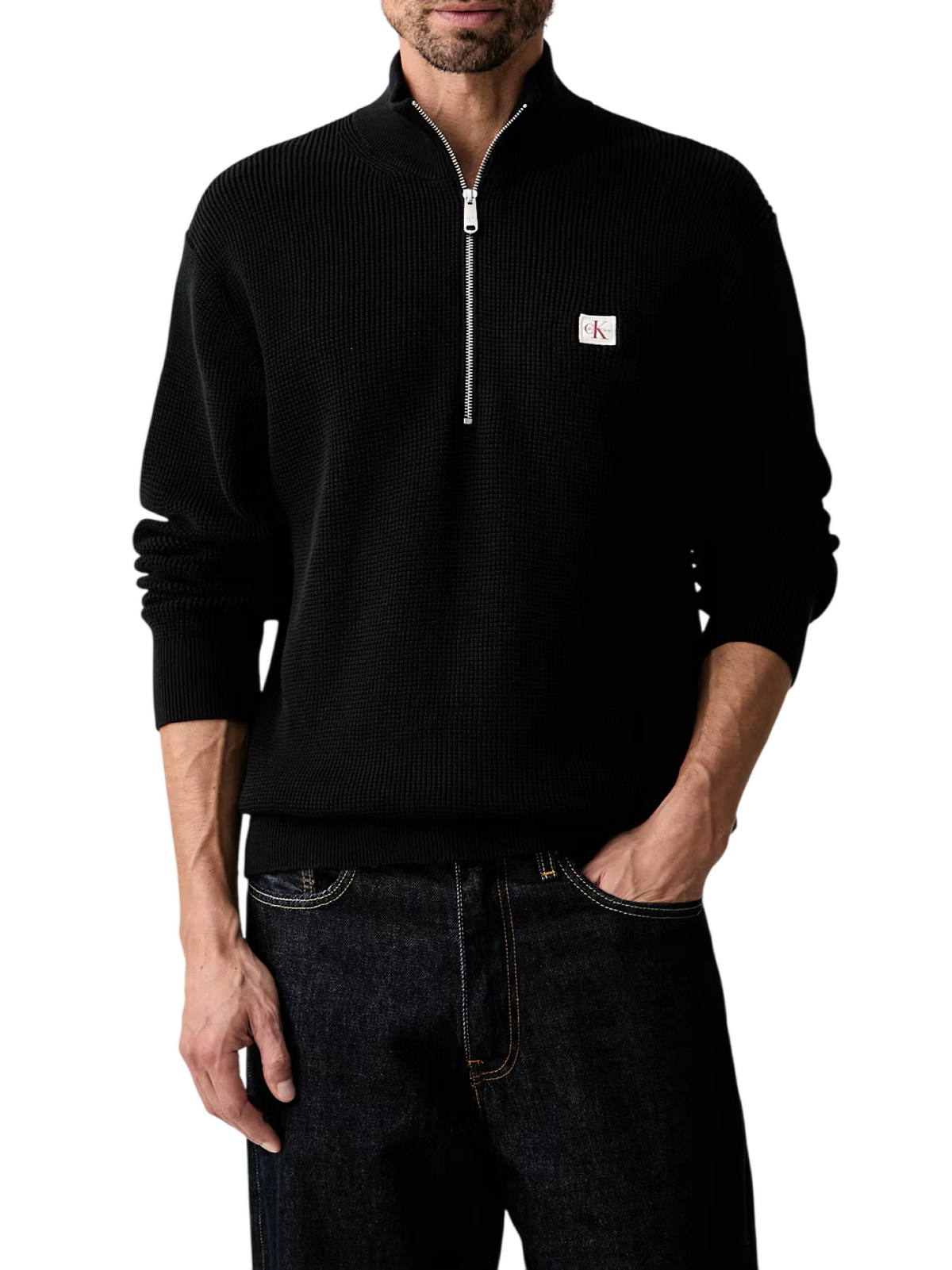 Calvin Klein Jeans maglia uomo mezza zip patch logo nero<BR/><BR/> LV04RH327G UB1 Calvin Klein Jeans