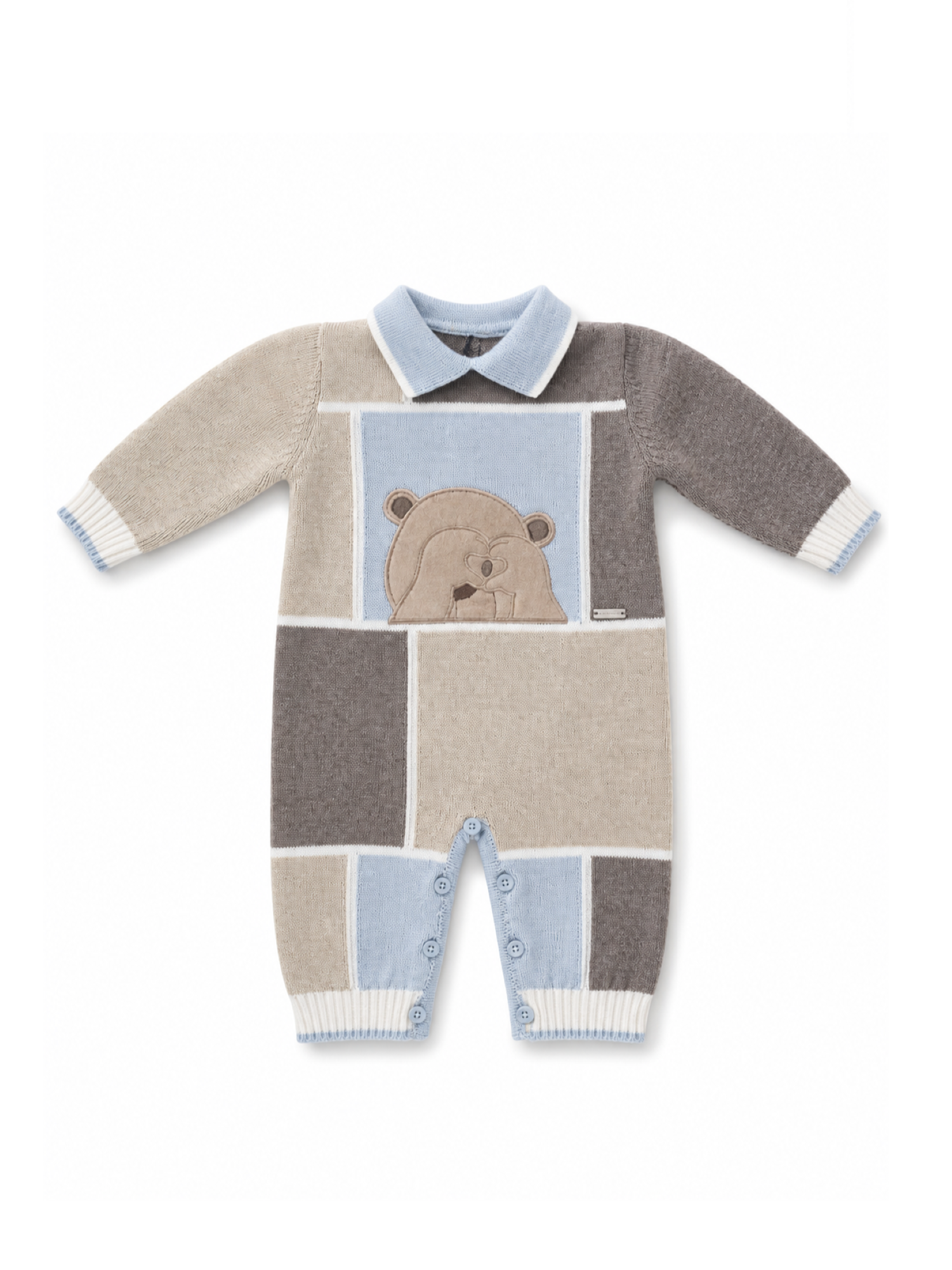 Colori Chiari tutina neonato in lana colorblock con orsetto beige celeste MF168596-2088 5123 COLORICHIARI