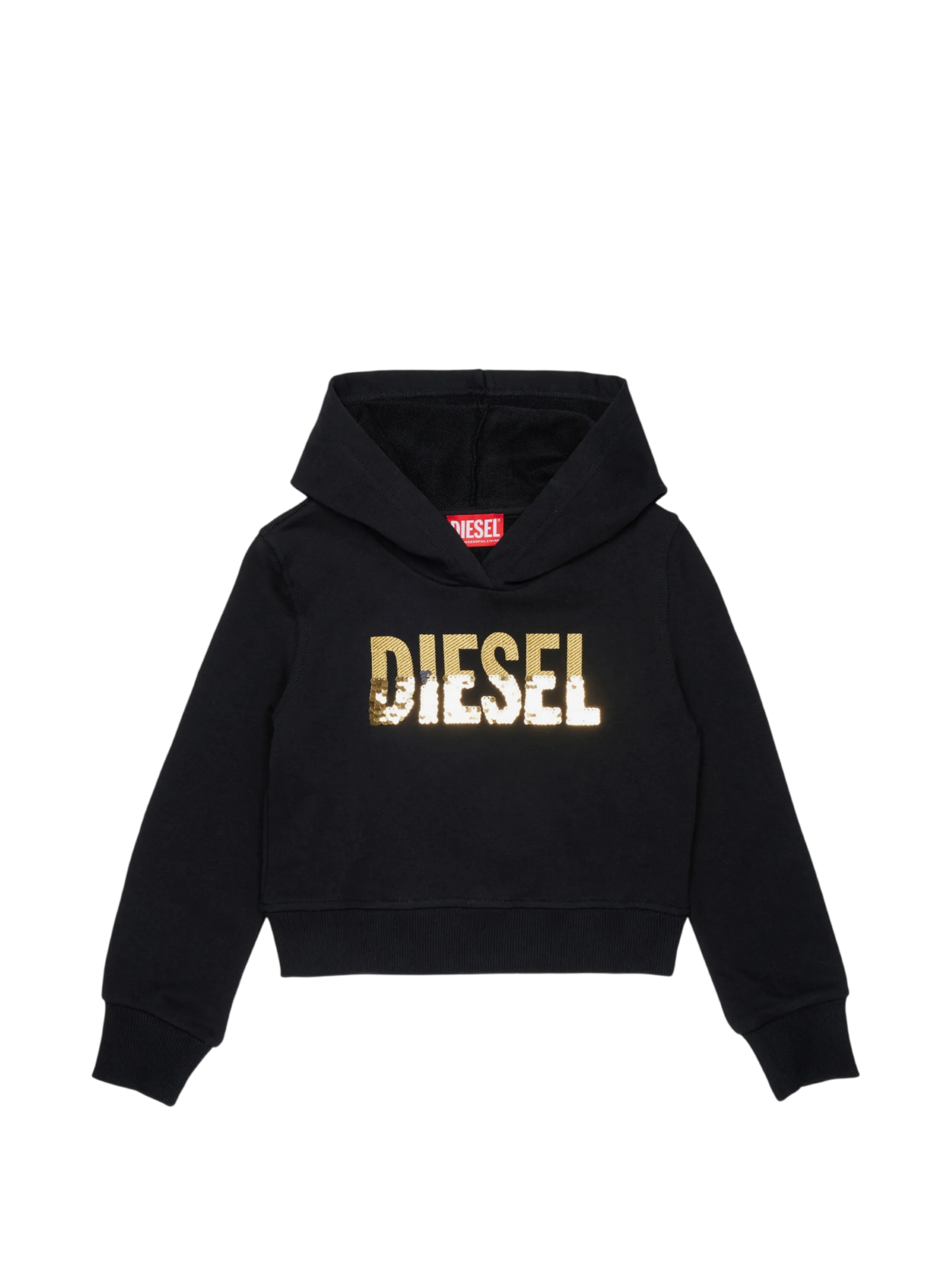 Diesel felpa bambina con cappuccio logo paillettes nero oro J03021-KYA2L K900 DIESEL