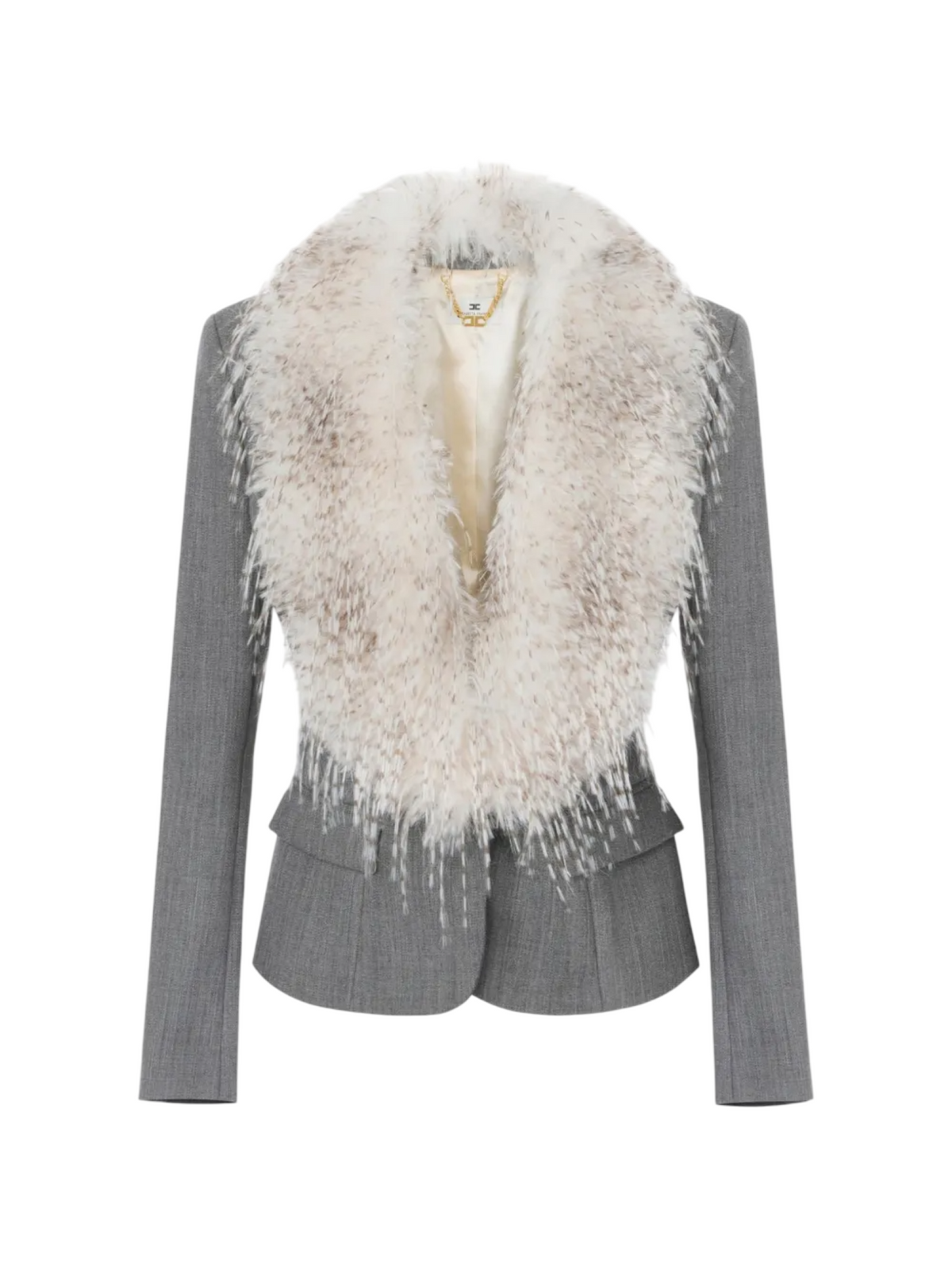 Elisabetta Franchi giacca donna in lana con collo in ecopelliccia grigio GI28967 431 ELISABETTA FRANCHI