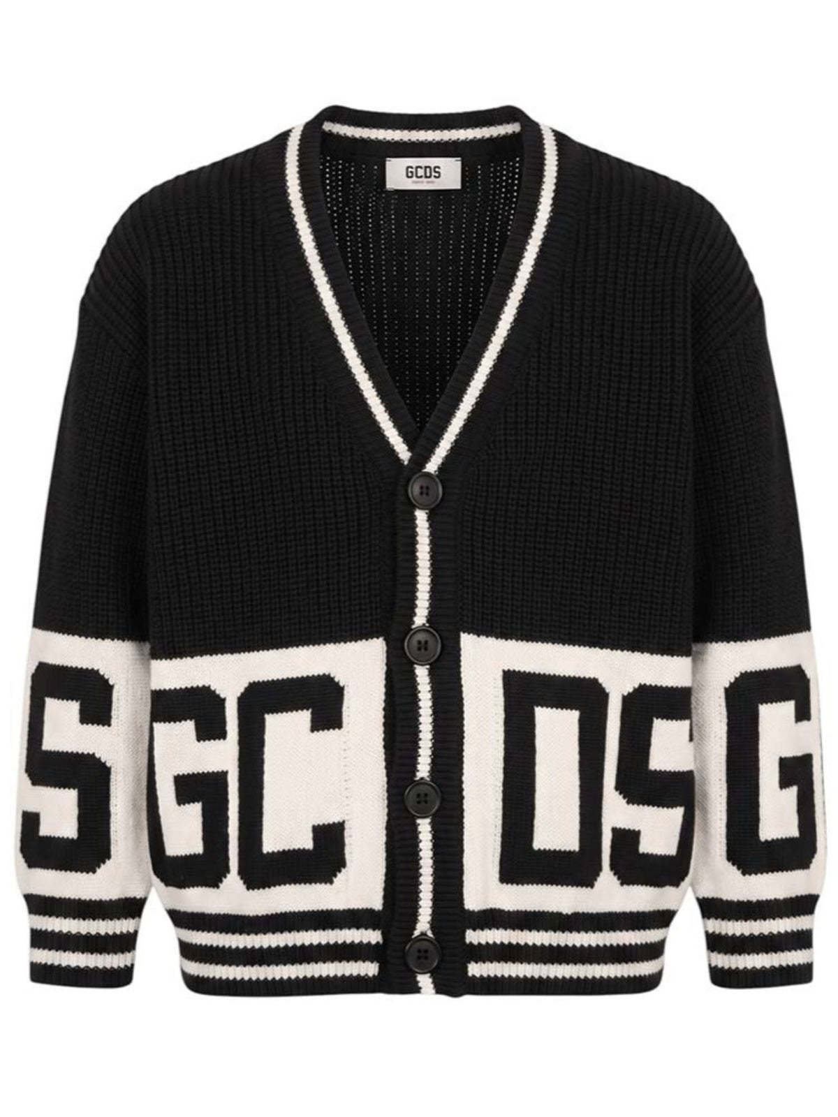 GCDS cardigan unisex bambino con banda logo jacquard nero C2BJQF590K347 999A GCDS