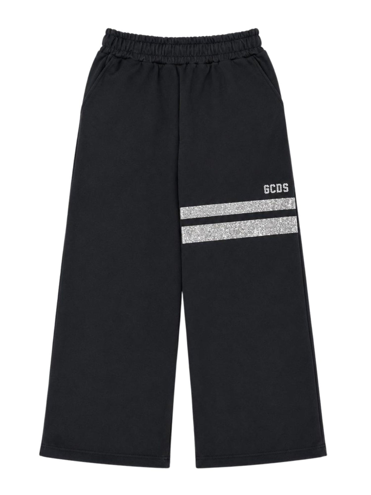 GCDS pantaloni palazzo bambina con bande glitter nero Z0GJQI620F004 999I GCDS