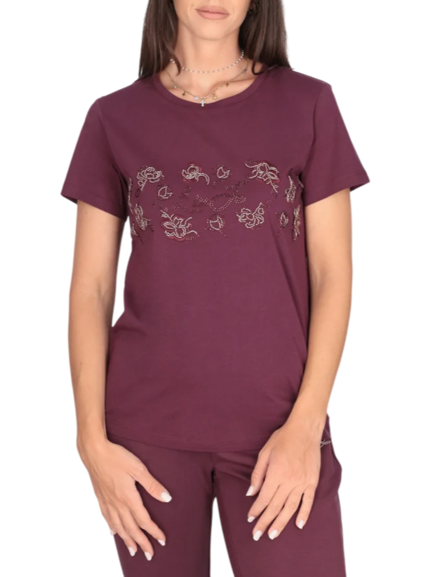 Liu Jo T-shirt donna manica corta con logo strass e ricami gioiello prugna TF6242JS923 L9307 LIU JO