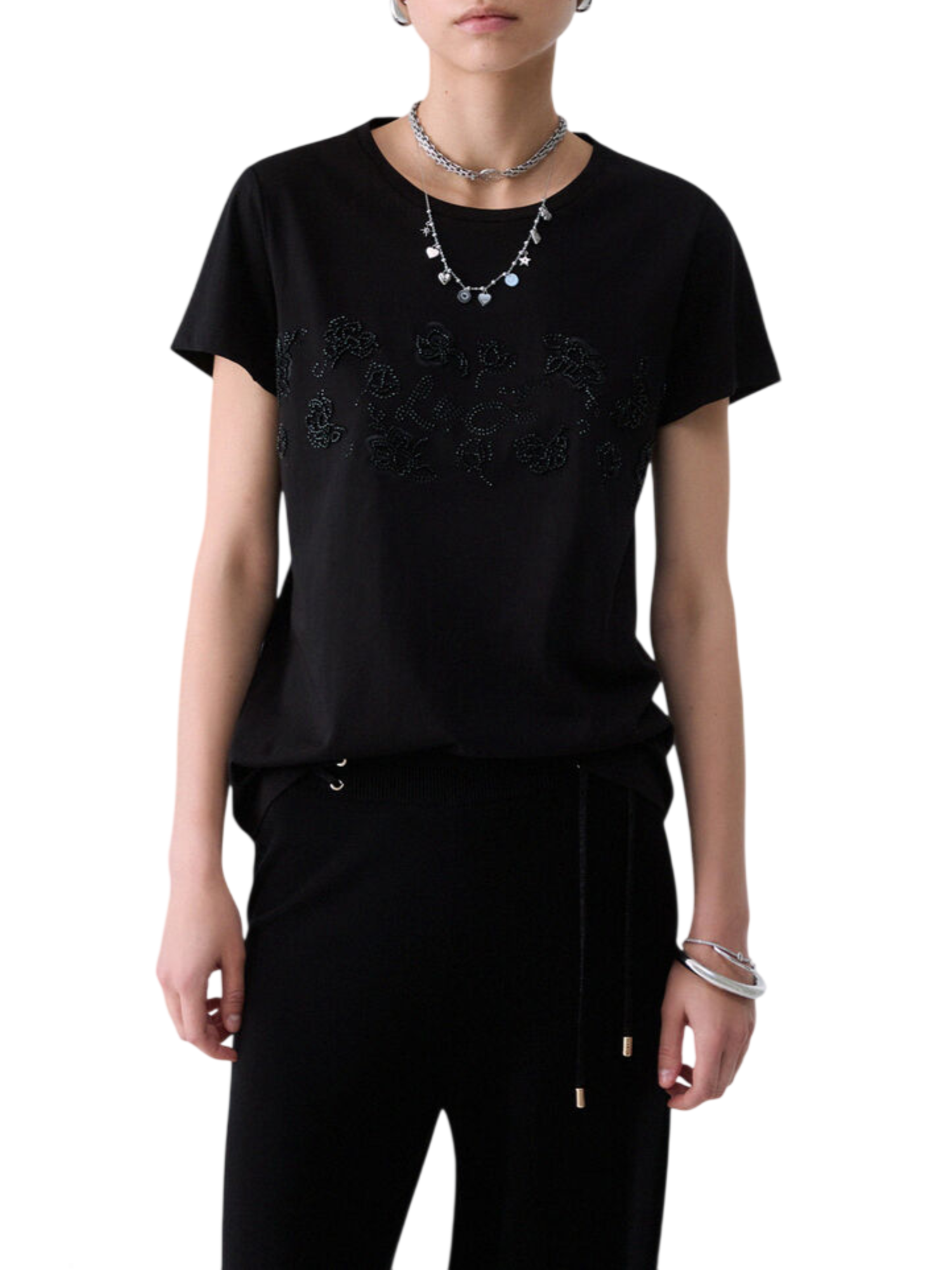 Liu Jo T-shirt donna manica corta con logo strass e ricami gioiello nero TF6242JS923 L9503 LIU JO