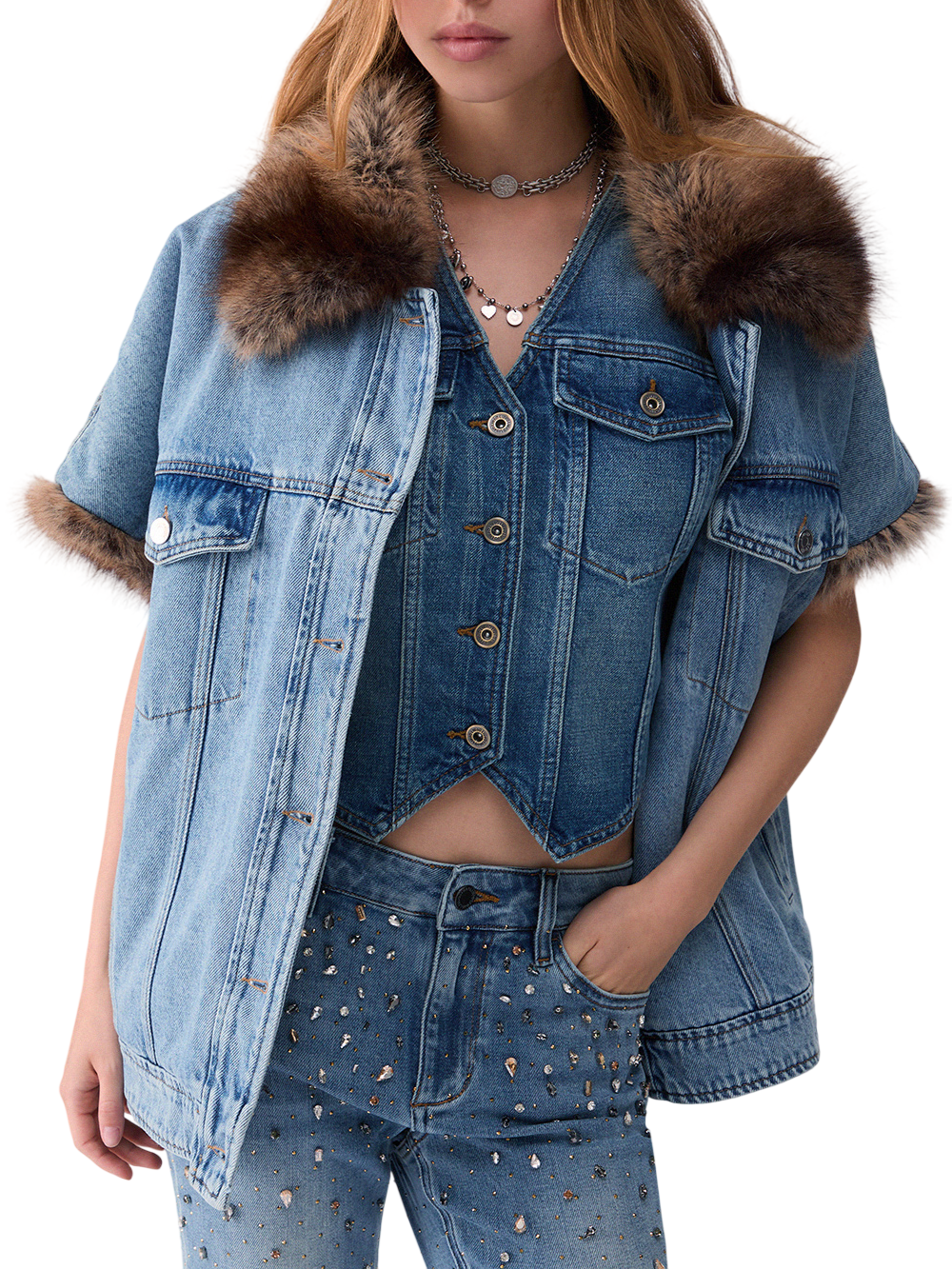 Liu Jo giubbino smanicato in denim con ecopelliccia lavaggio blu UF6154D0347 79093 LIU JO