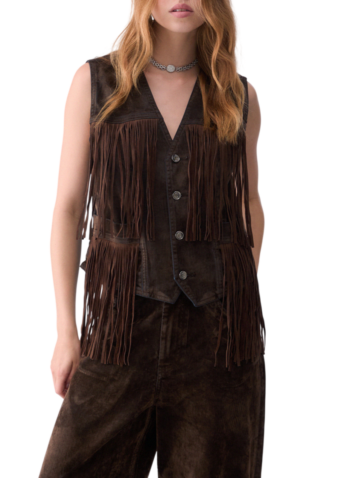 Liu Jo gilet donna in tessuto floccato con frange marrone UF6228D0363 79106 LIU JO