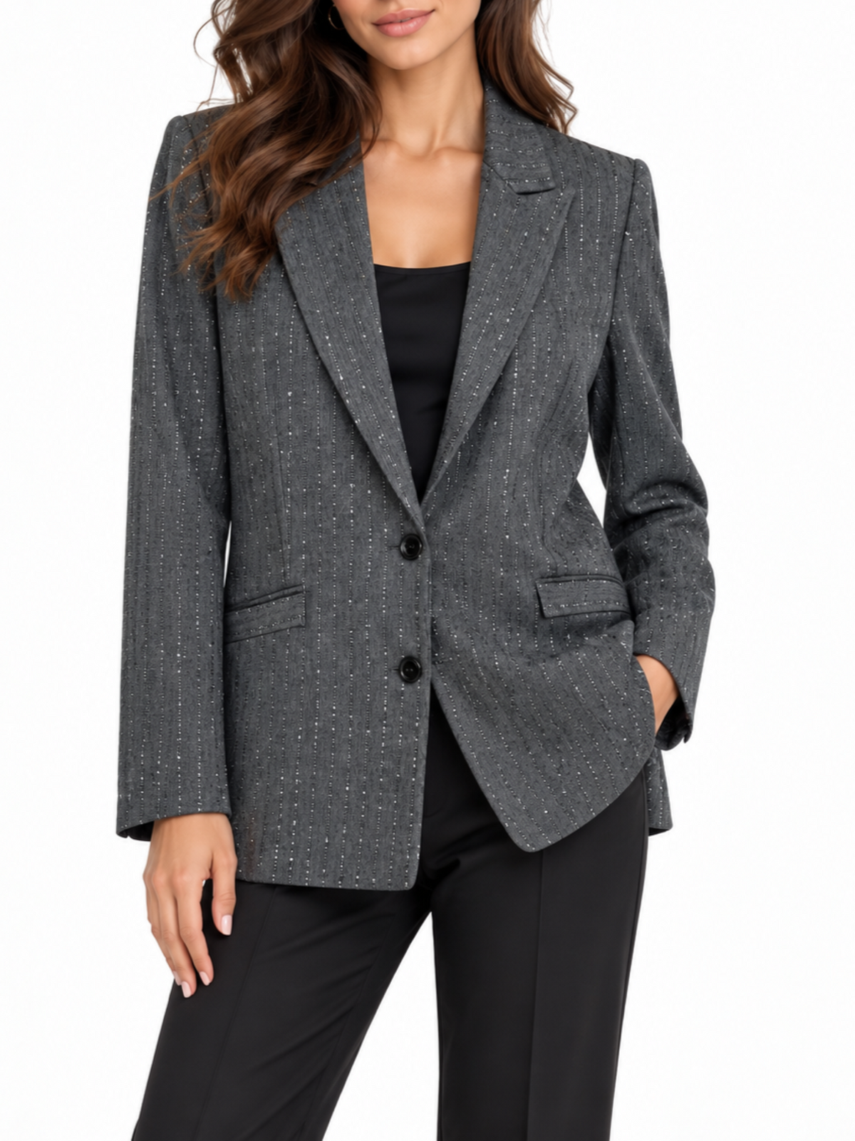 Lola by Sandro Ferrone giacca blazer donna gessata con paillettes grigio L24YBGALISON ANTRACITE Lola BY S.FERRONE