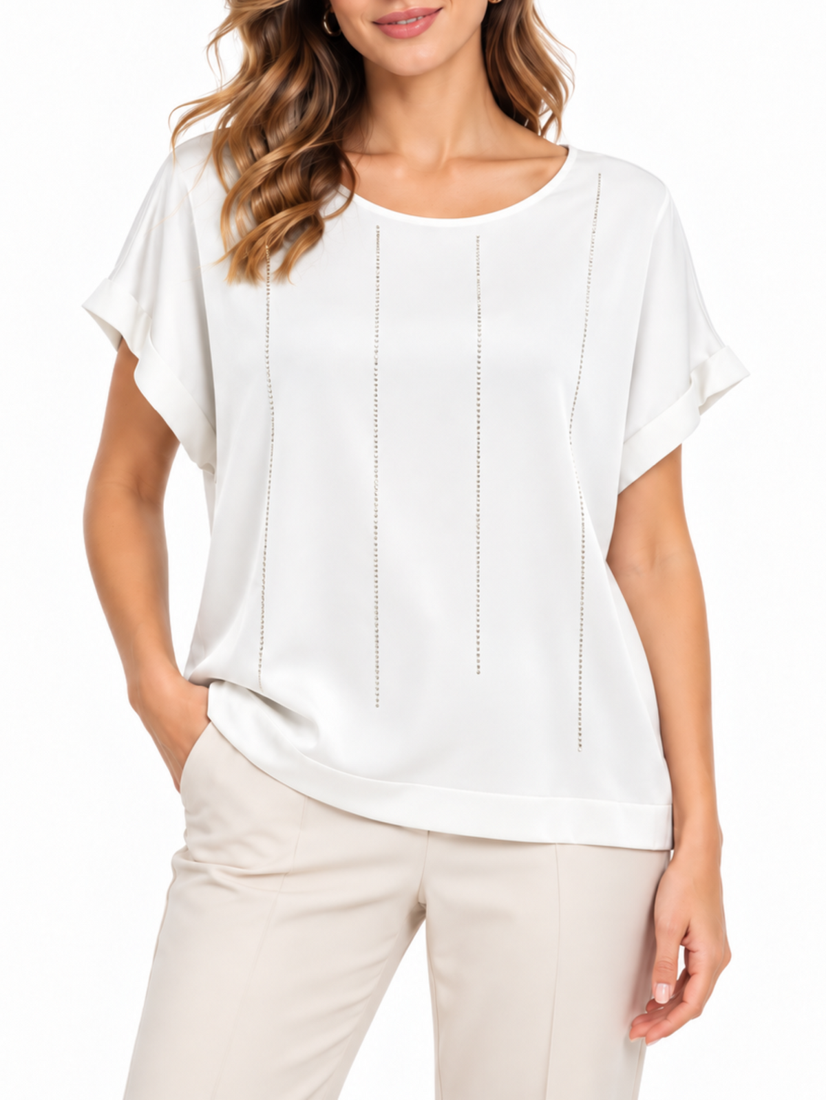 Lola by Sandro Ferrone blusa donna in raso e jersey con strass avorio L7YBGTRIPOLI BIANCO Lola BY S.FERRONE