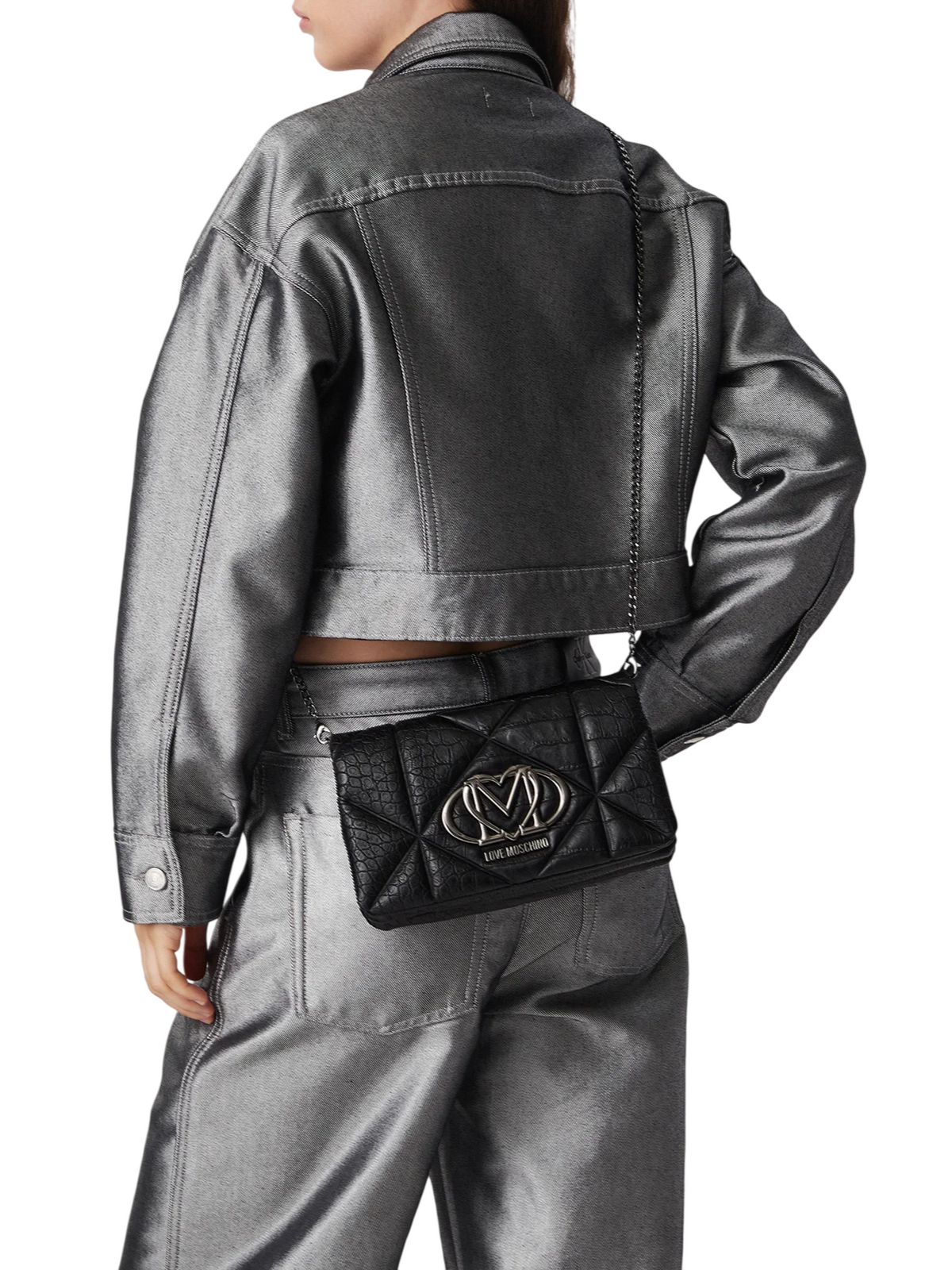 Love Moschino borsa a tracolla in ecopelle trapuntata effetto coccodrillo nero argento JC4043PP1P-LF1 000 MOSCHINO LOVE