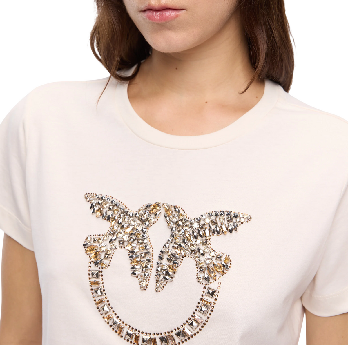 Pinko T-shirt Quentin manica corta con logo Love Birds gioiello marrone 100535-A3JP C21 PINKO