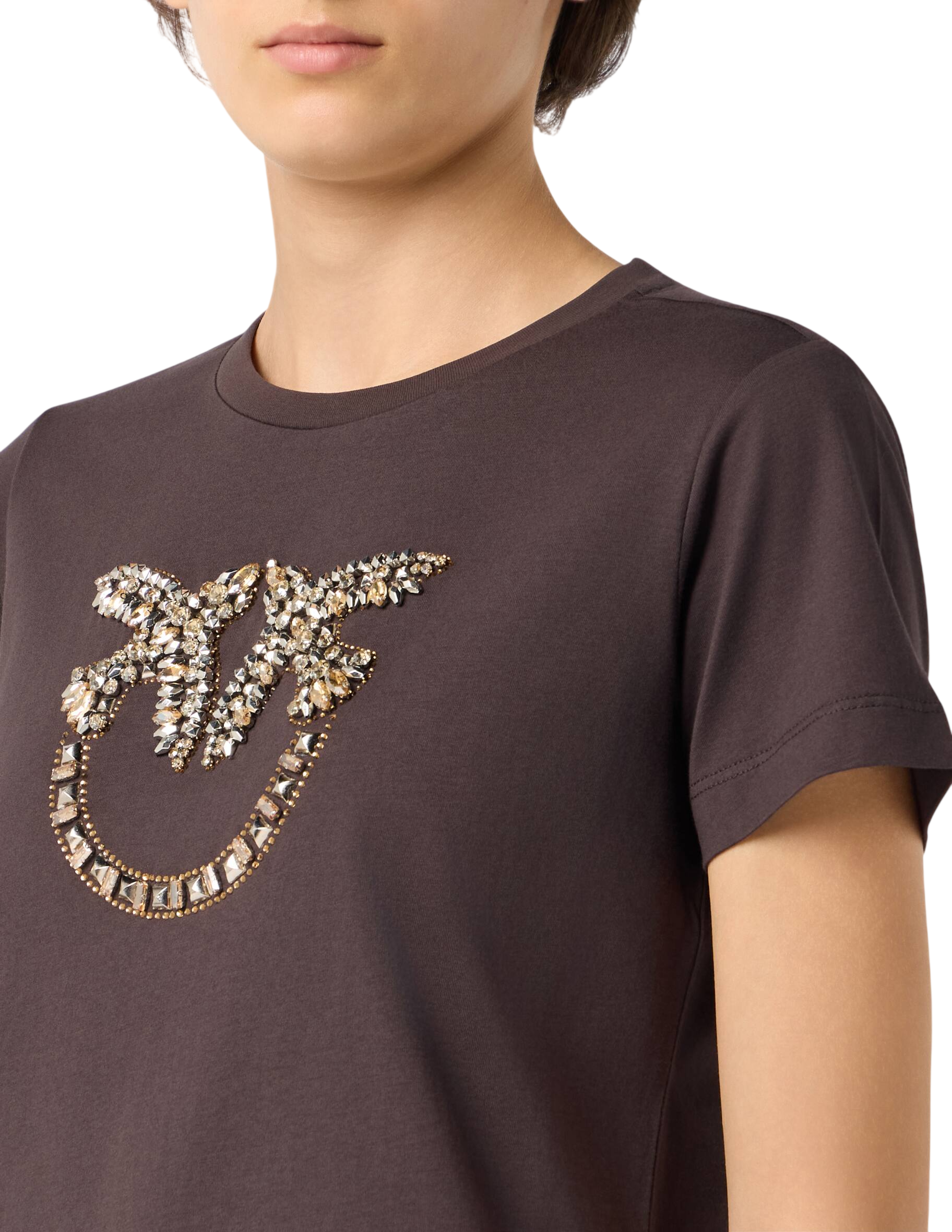 Pinko T-shirt Quentin manica corta con logo Love Birds gioiello marrone 100535-A3JP L72 PINKO