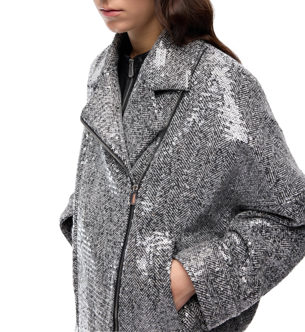 Pinko giubbino Bellis Blouson in panno chevron con paillettes grigio 107145-A3FE ZZ2 PINKO