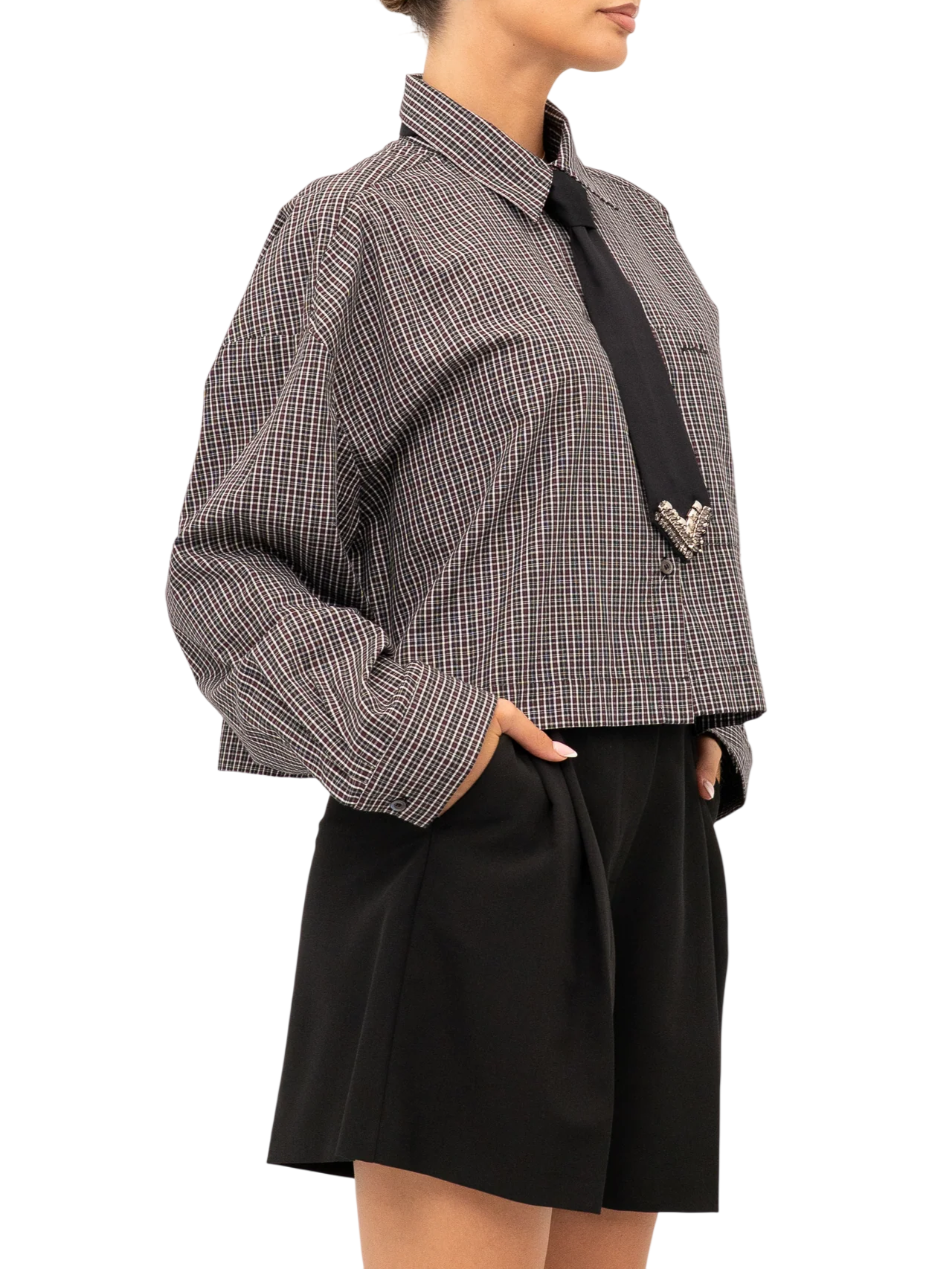 Pinko camicia donna Carlina in fantasia check con cravatta bordeaux nero 107453-A3FQ ZF6 PINKO