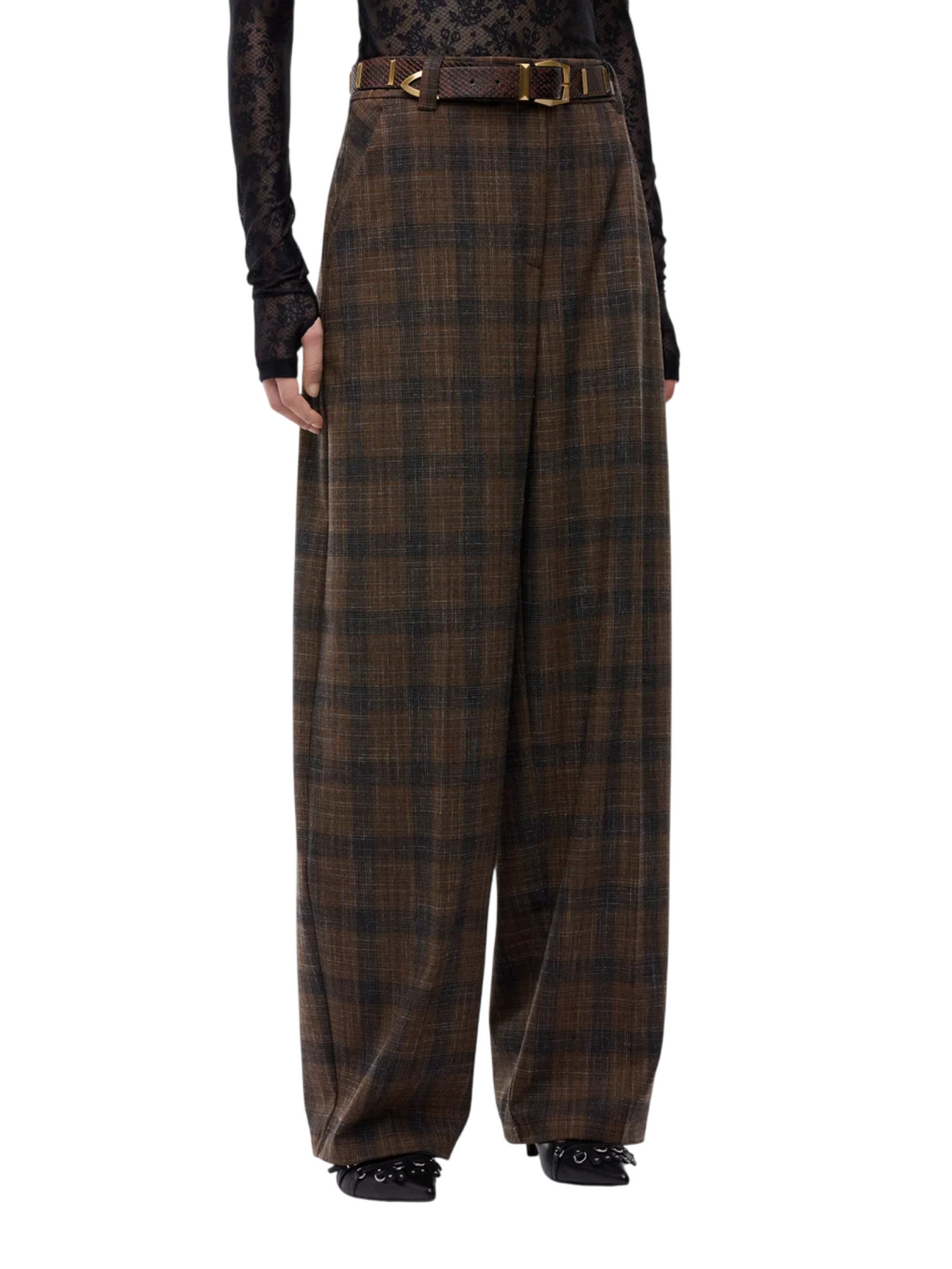 Pinko pantaloni barrel fit misto lana check donna Balbino marrone 107712-A3MQ MZ0 PINKO