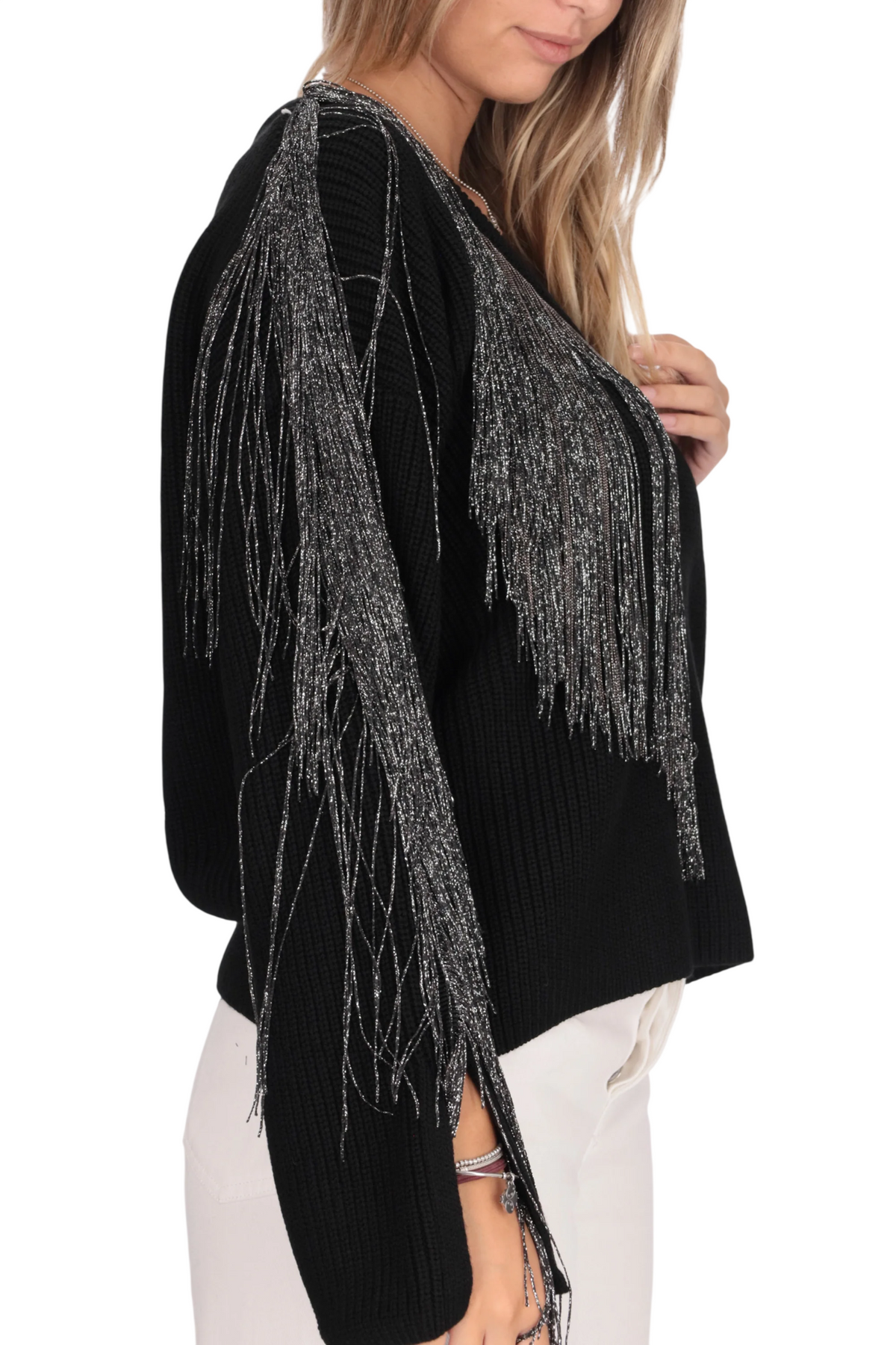 Pinko maglia donna Captiva misto lana con frange nero 107912-A3ON Z99 PINKO