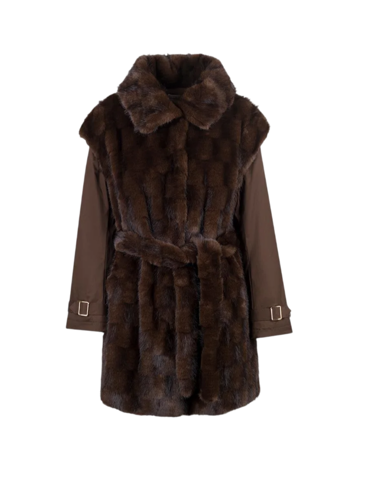 Sandro Ferrone pelliccia ecologica donna con cintura marrone S180YBGGIPSY CACAO Sandro FERRONE
