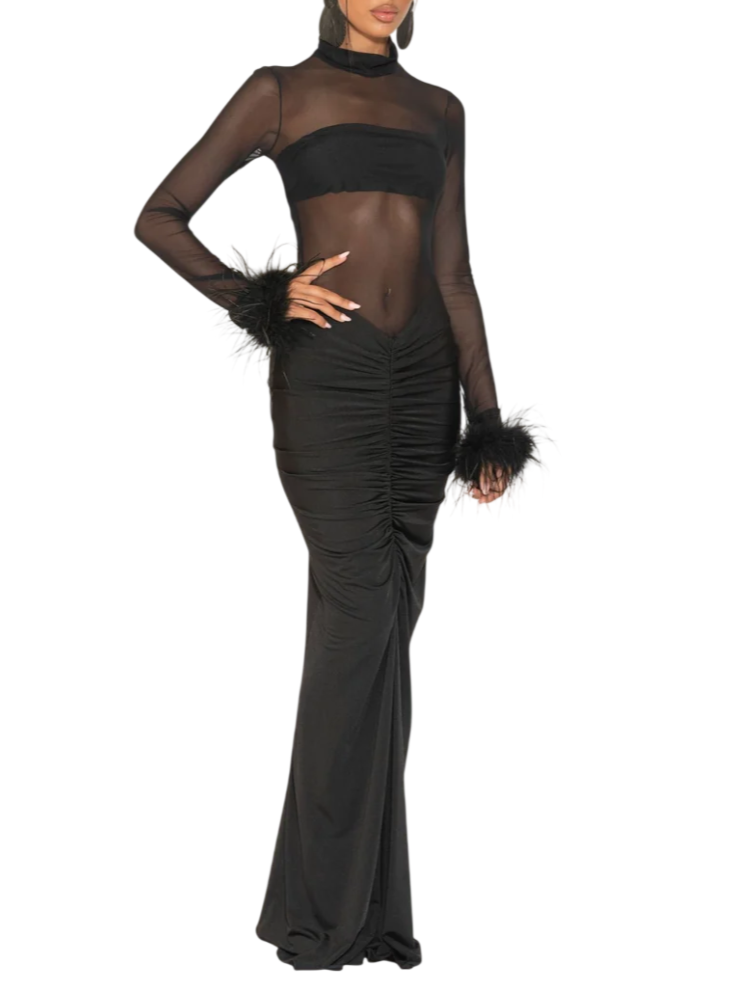 Silence abito lungo Mabel donna con trasparenze e piume nero AB4291 BLACK SILENCE