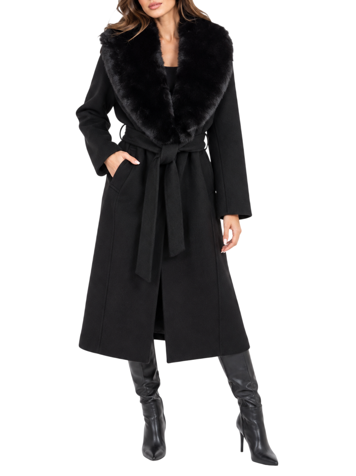 Silence cappotto lungo con ecopelliccia Saint Moritz misto lana nero SCP08 NERO SILENCE