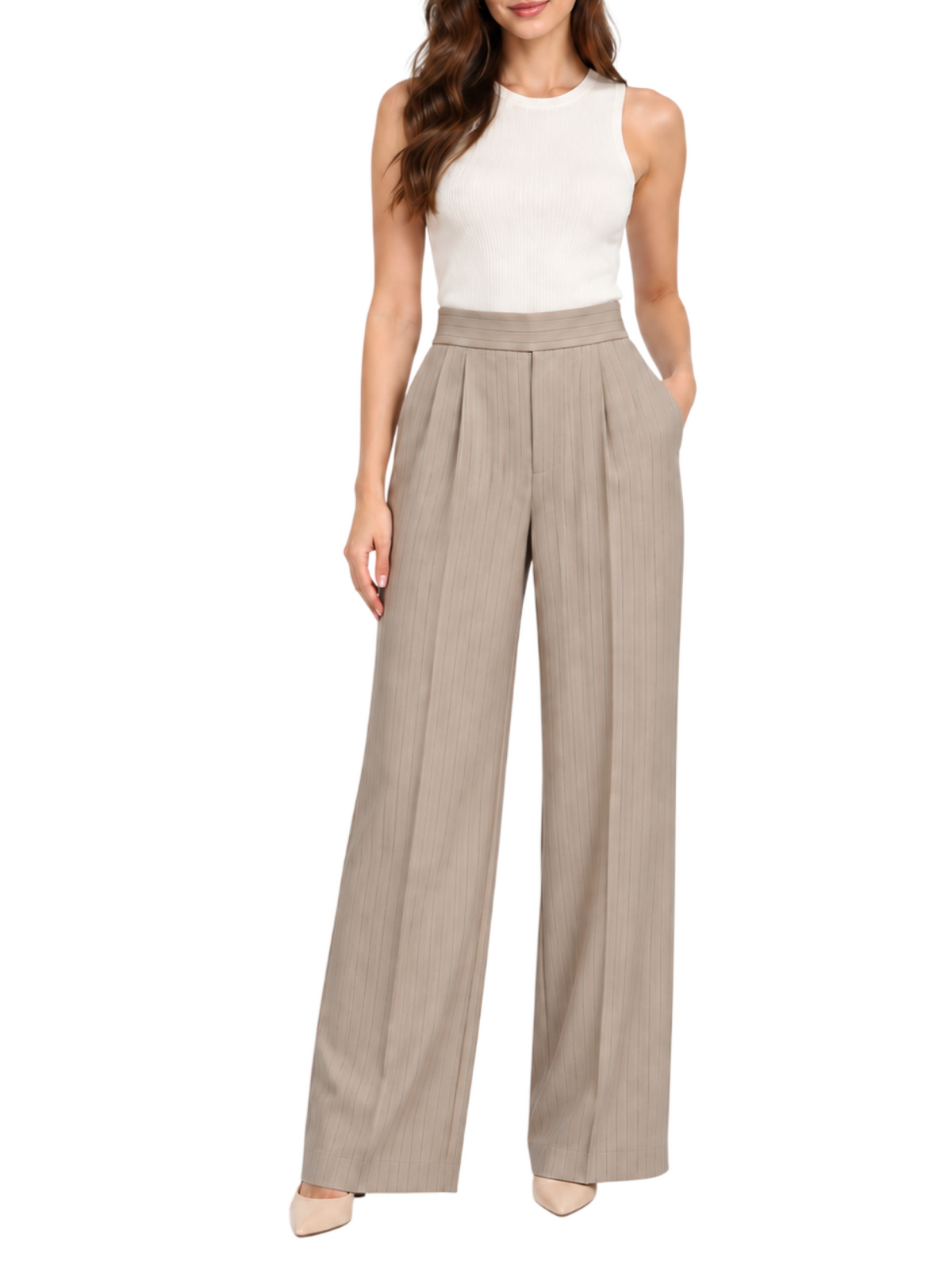 Silence pantaloni palazzo donna in fantasia gessata beige SLPA055 SAND SILENCE