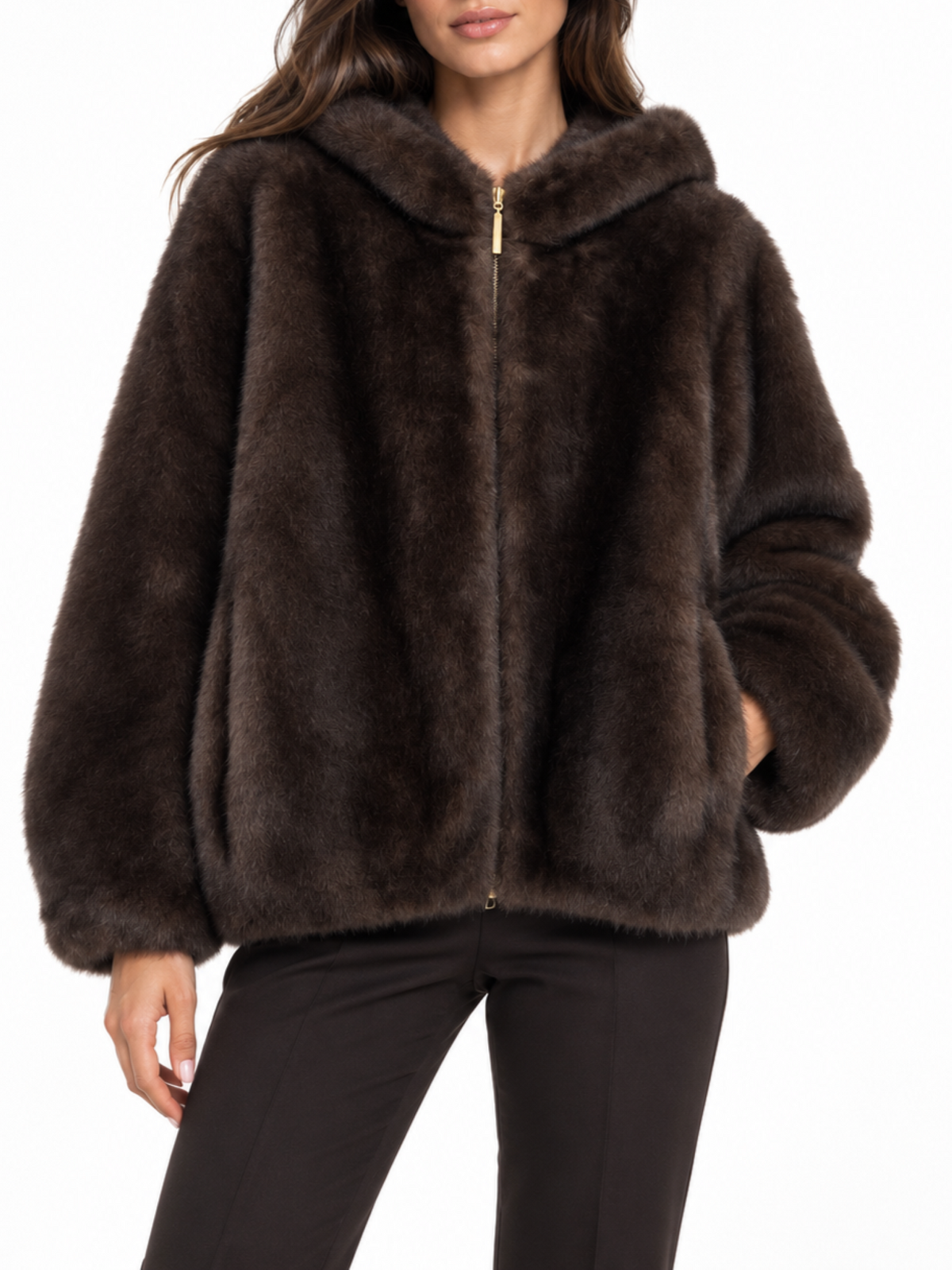 Simona Corsellini pelliccia ecologica con cappuccio e zip marrone CPGBV0101 BROWN SIMONA CORSELLINI