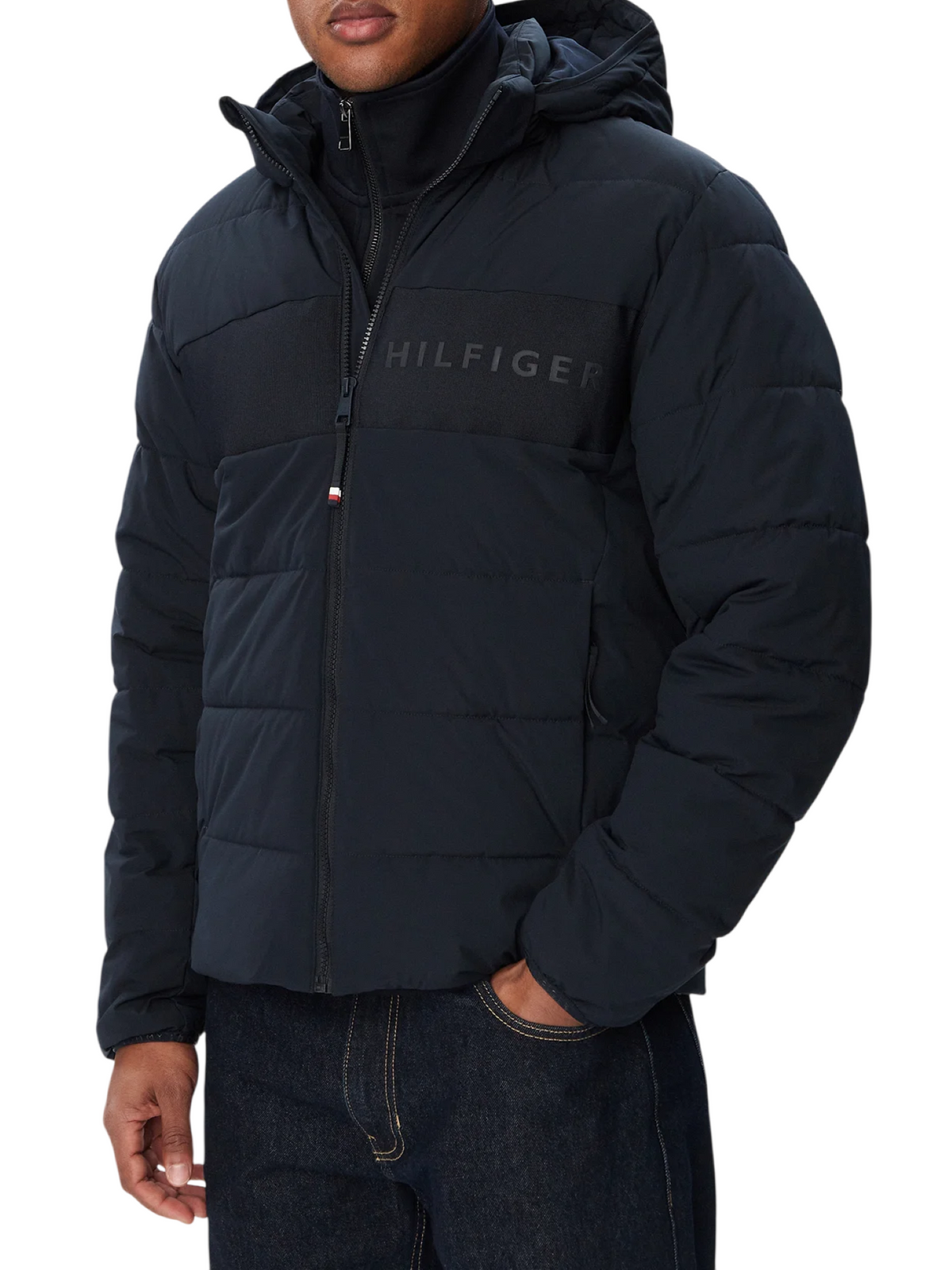 Tommy Hilfiger piumino trapuntato uomo con cappuccio stampa logo blu MW0MW45273 DW5 Tommy Hilfiger