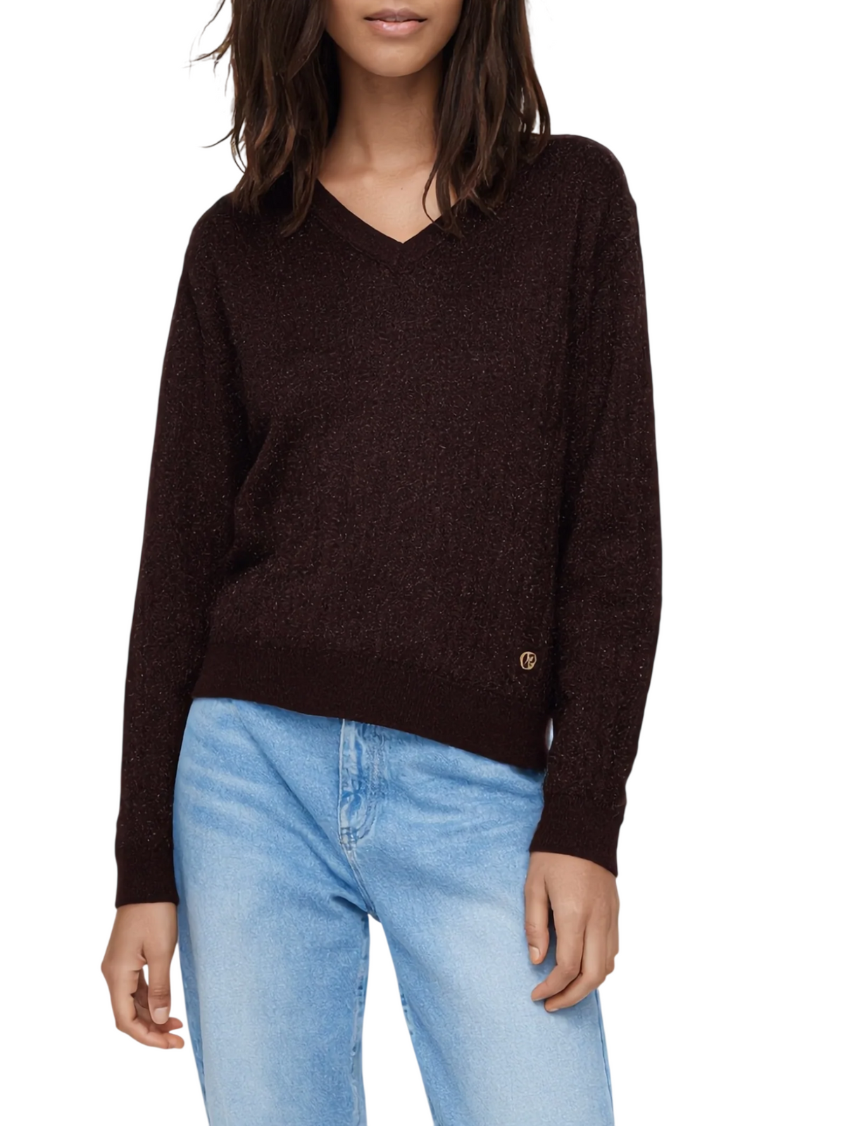 Yes Zee maglia donna misto lana lurex scollo a V marrone M046-IL00 0232 YES-ZEE