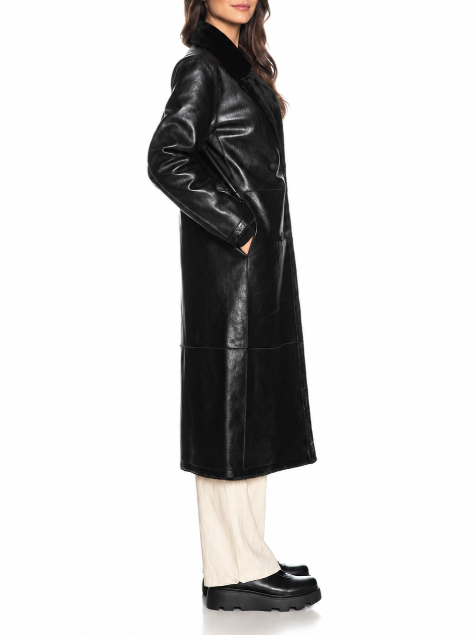 Yes Zee cappotto lungo doppiopetto reversibile in ecopelle ed ecopelliccia nero O063-D200 0801 YES-ZEE