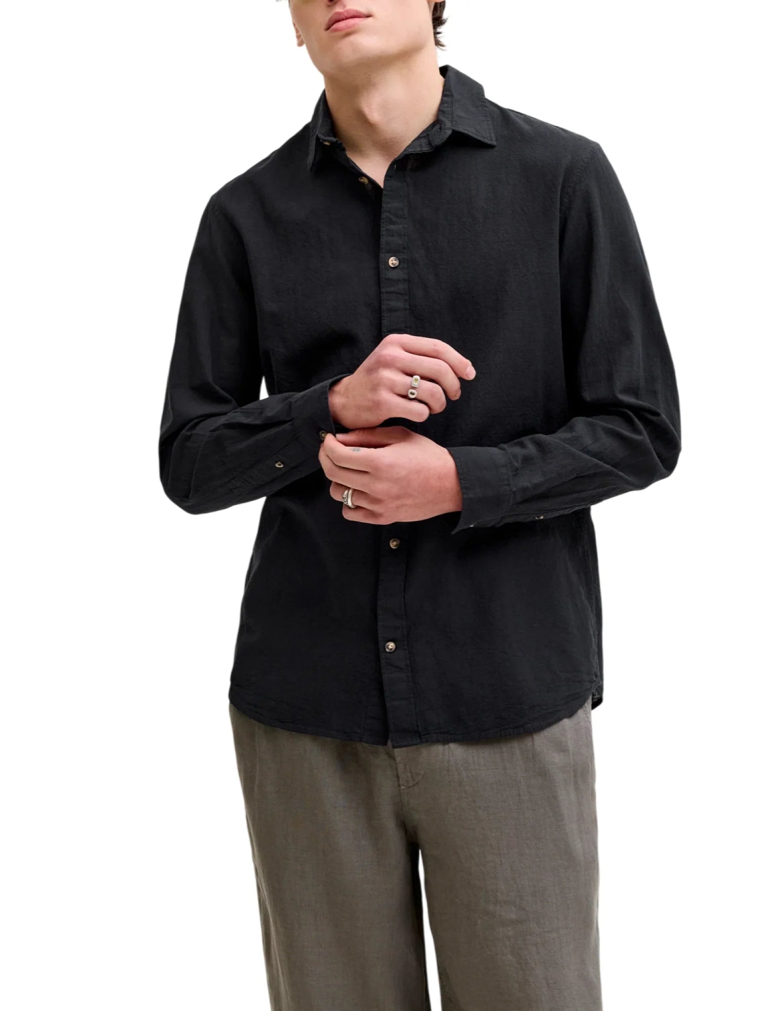 Jack&Jones camicia uomo manica lunga misto lino nero 12289174 BLACK JACK&JONES