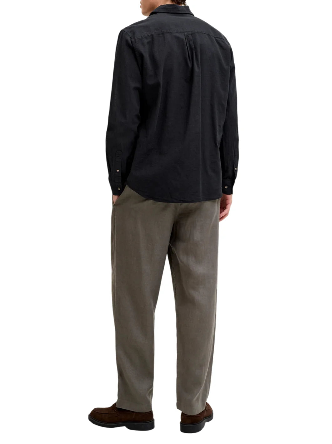 Jack&Jones camicia uomo manica lunga misto lino nero 12289174 BLACK JACK&JONES