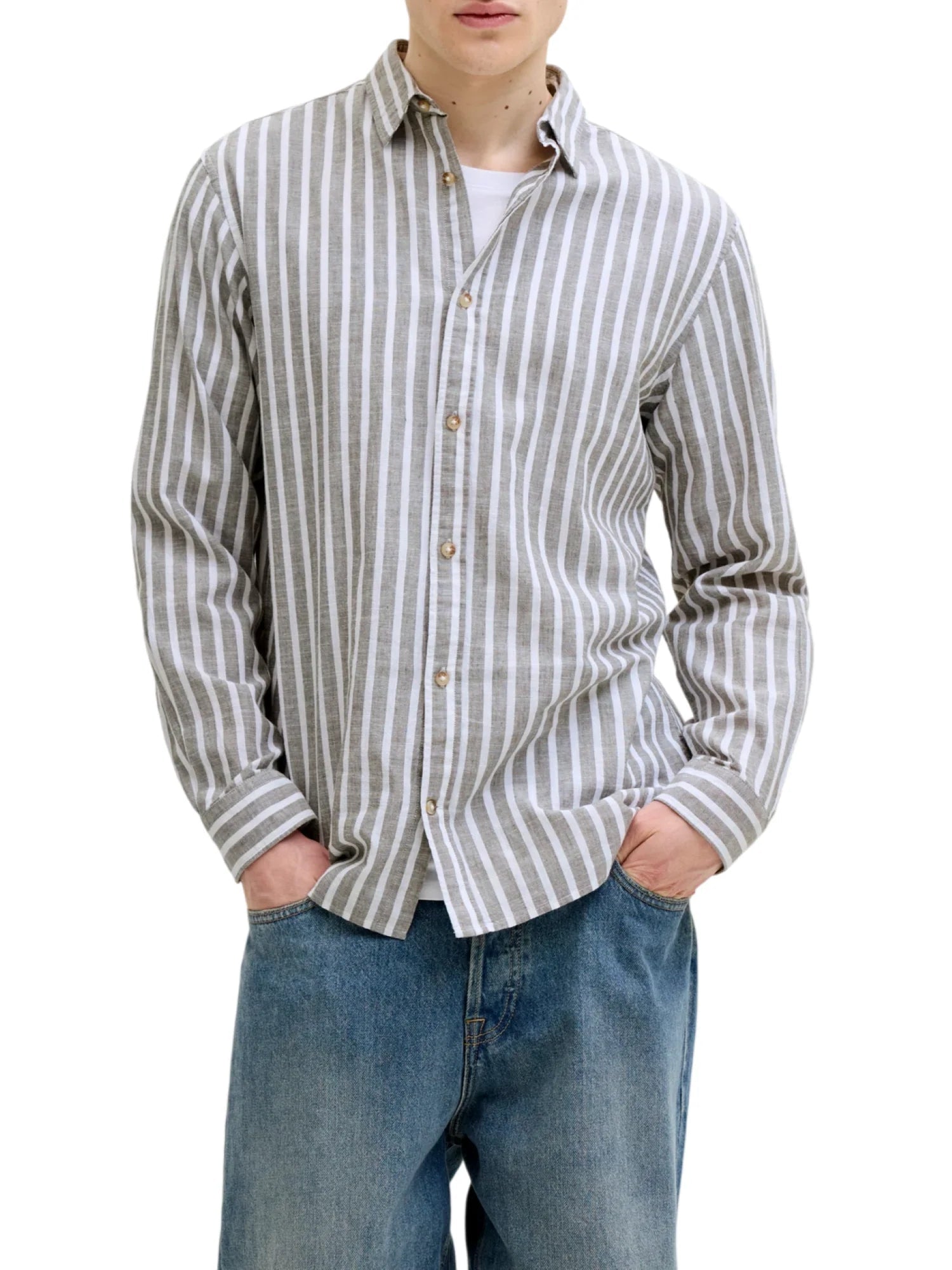 Jack&Jones camicia uomo a righe misto lino bianco verde 12289174 VETIVER-STRIPES JACK&JONES