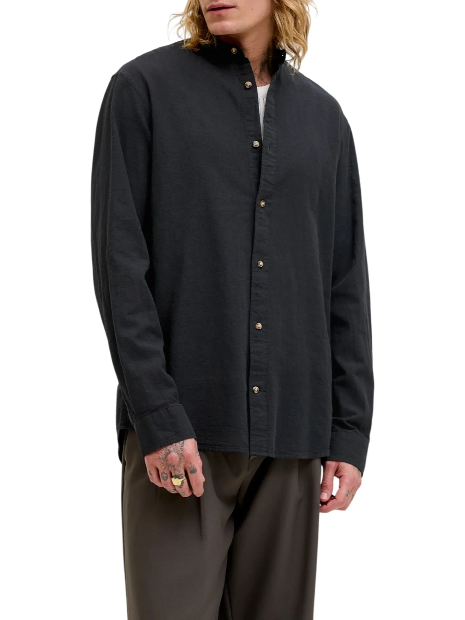 Jack&Jones camicia alla coreana misto lino nero 12289184 BLACK JACK&JONES