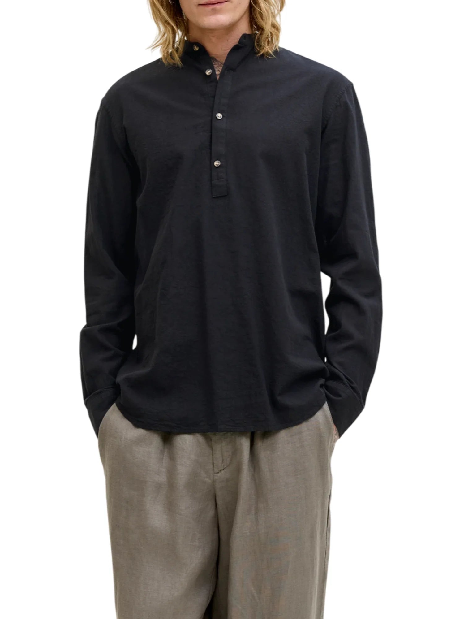 Jack&Jones camicia uomo alla coreana misto lino nero 12289190 BLACK JACK&JONES