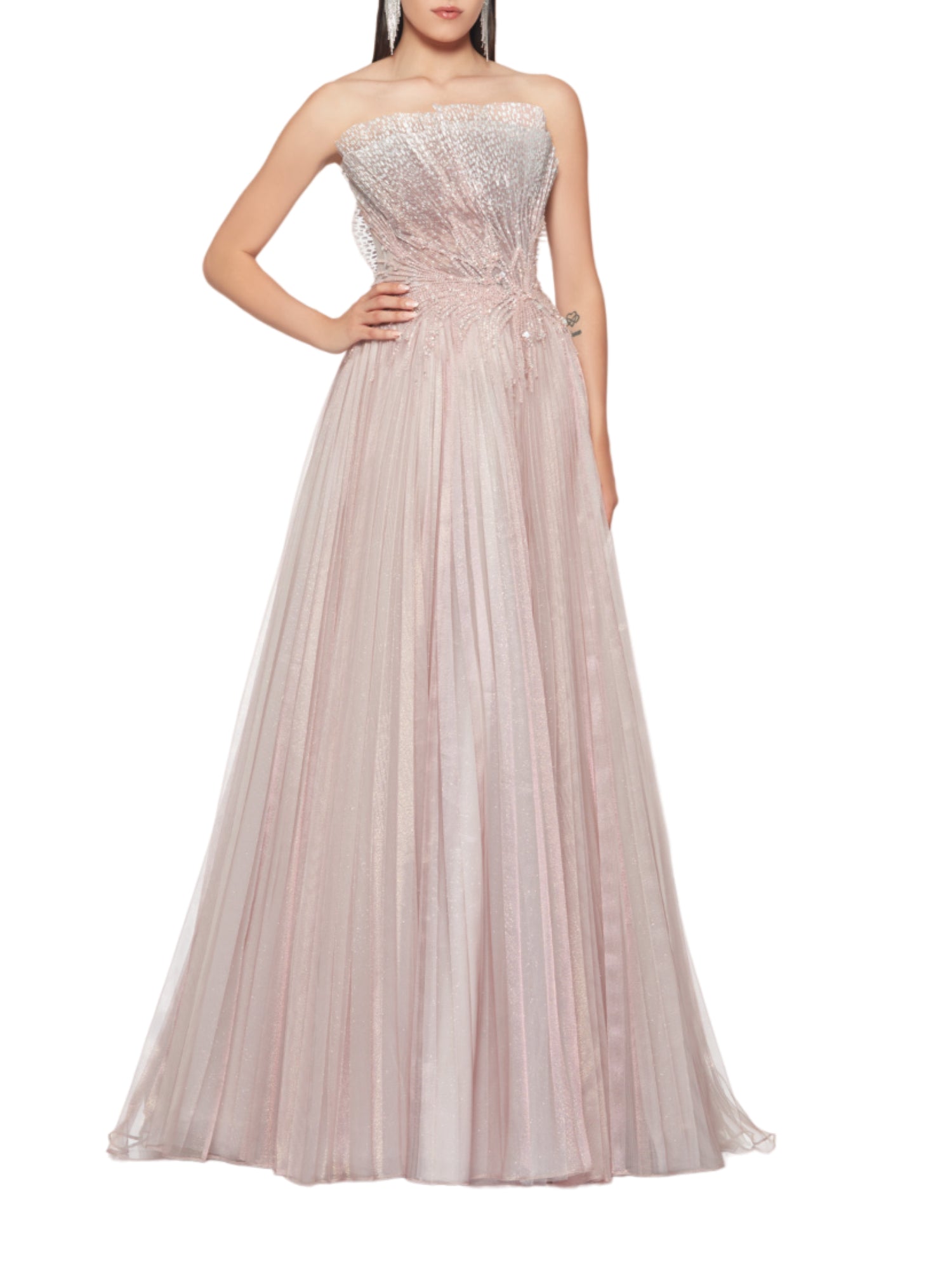 Impero Couture abito da cerimonia in tulle con ricami gioiello rosa cenere MH25007 CIPRIA IMPERO Couture