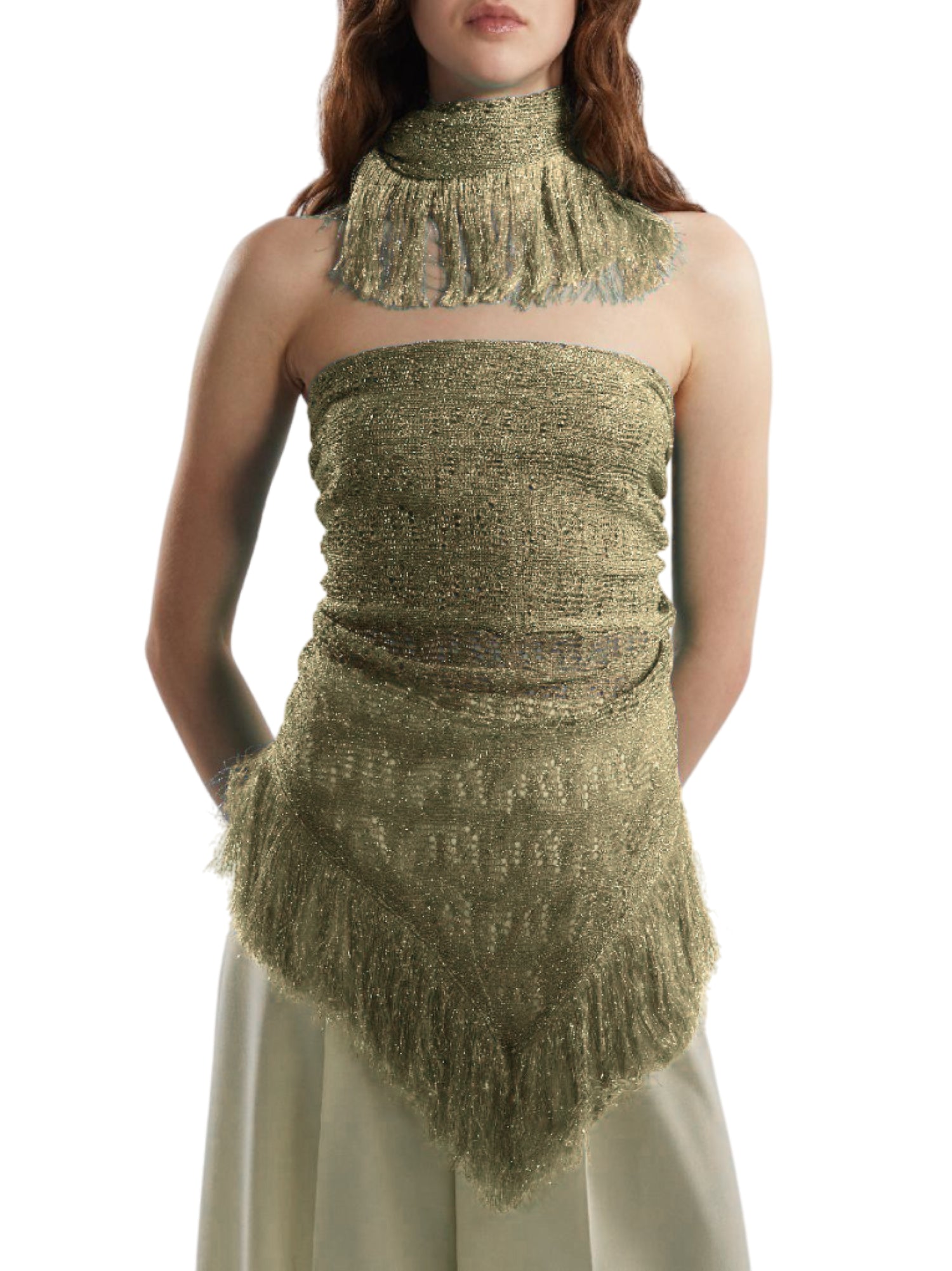 Simona Corsellini scialle in maglia traforata lurex con frange oro P25CPSLO0101 0730 SIMONA CORSELLINI