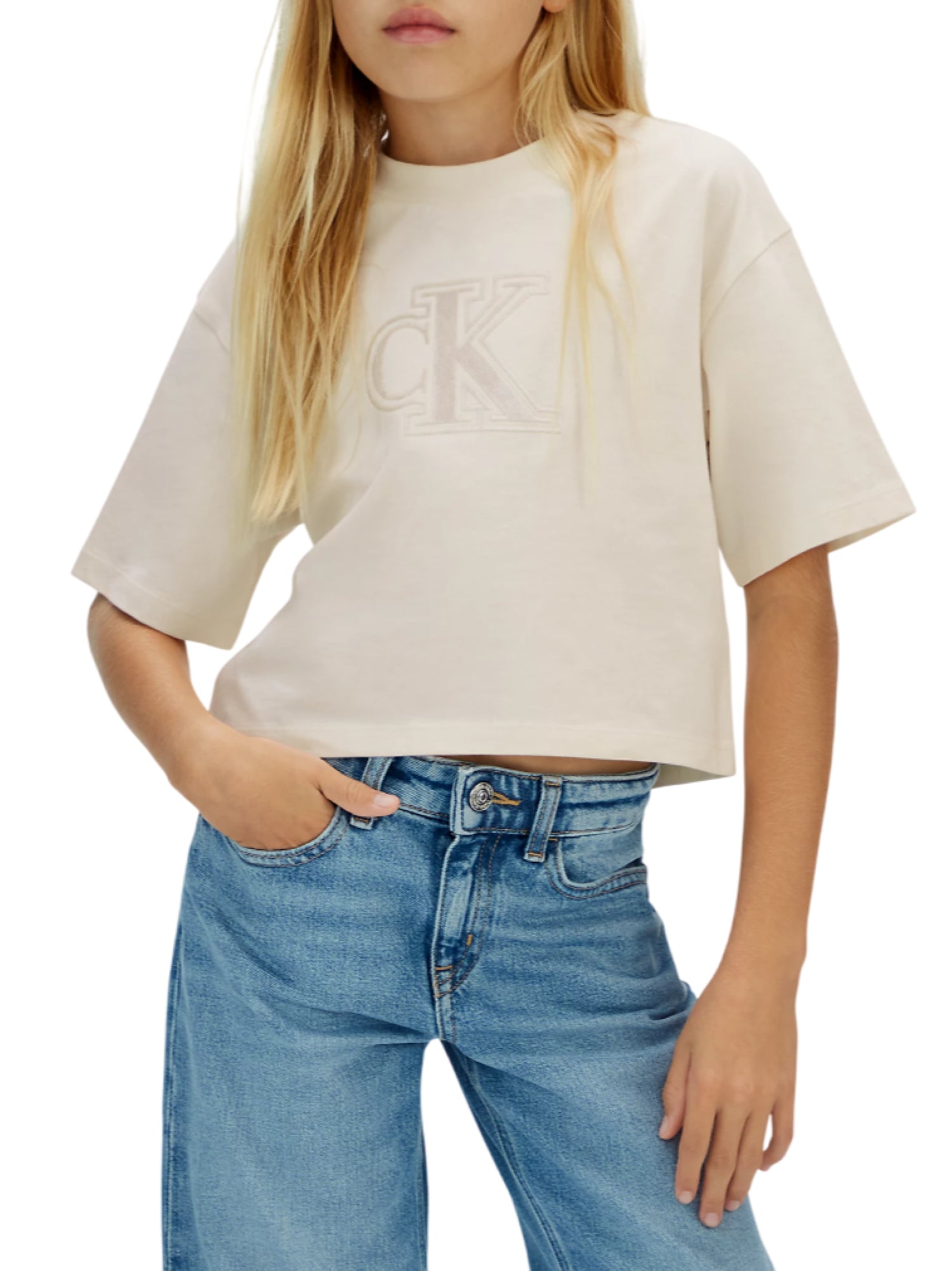 Calvin Klein Jeans T-shirt crop con logo velvet ecrù IG0IG03062 PGB Calvin Klein Jeans