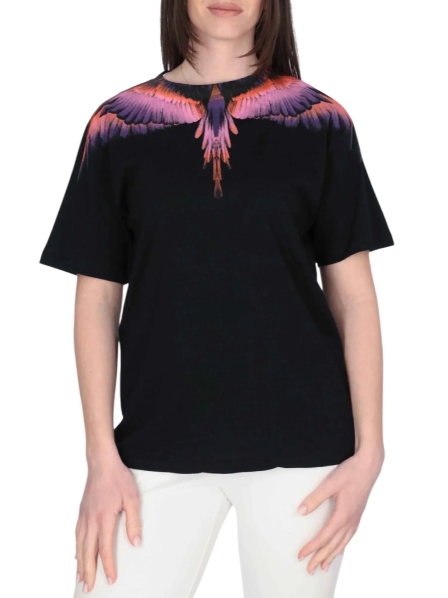 County of Milan T-shirt donna manica corta con stampa iconica nero CM30102 NERO-WINGS VIOLA-ARANCIO COUNTY OF MILAN