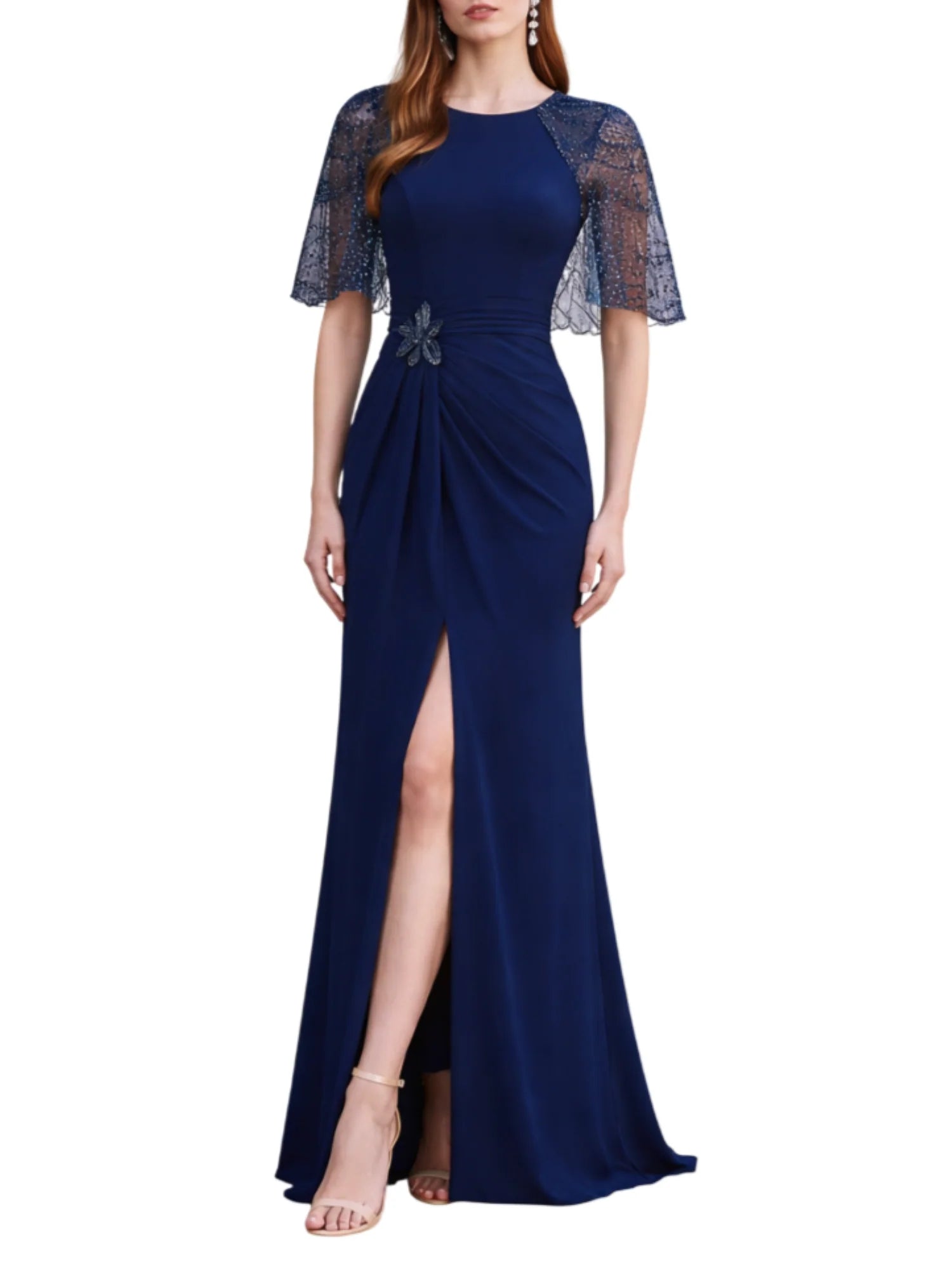 Marfil abito cerimonia con maniche gioiello blu 1G126CRL0P 615-MARINO COUTURE CLUB