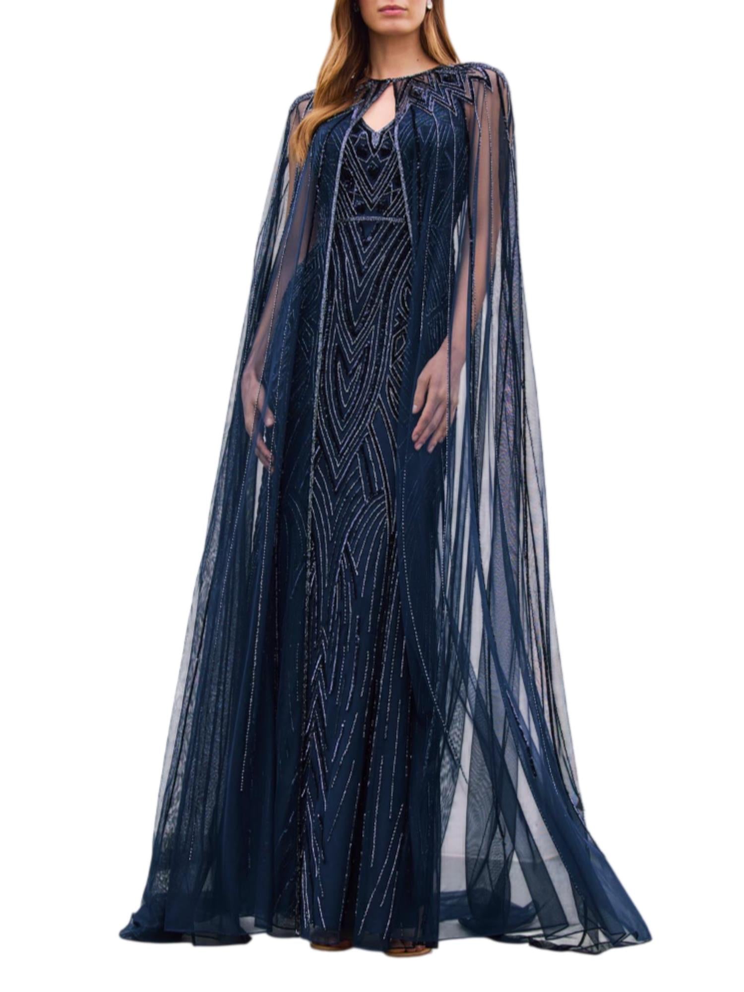 Couture Club abito con ricami gioiello e mantella blu 1G2G7PED00 615-MARINO COUTURE CLUB