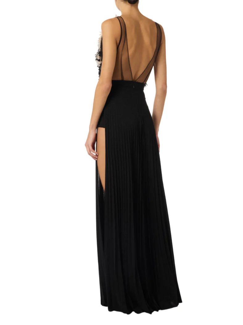 Elisabetta Franchi abito lungo plissè Red Carpet con petali nero ABR4462 685 ELISABETTA FRANCHI