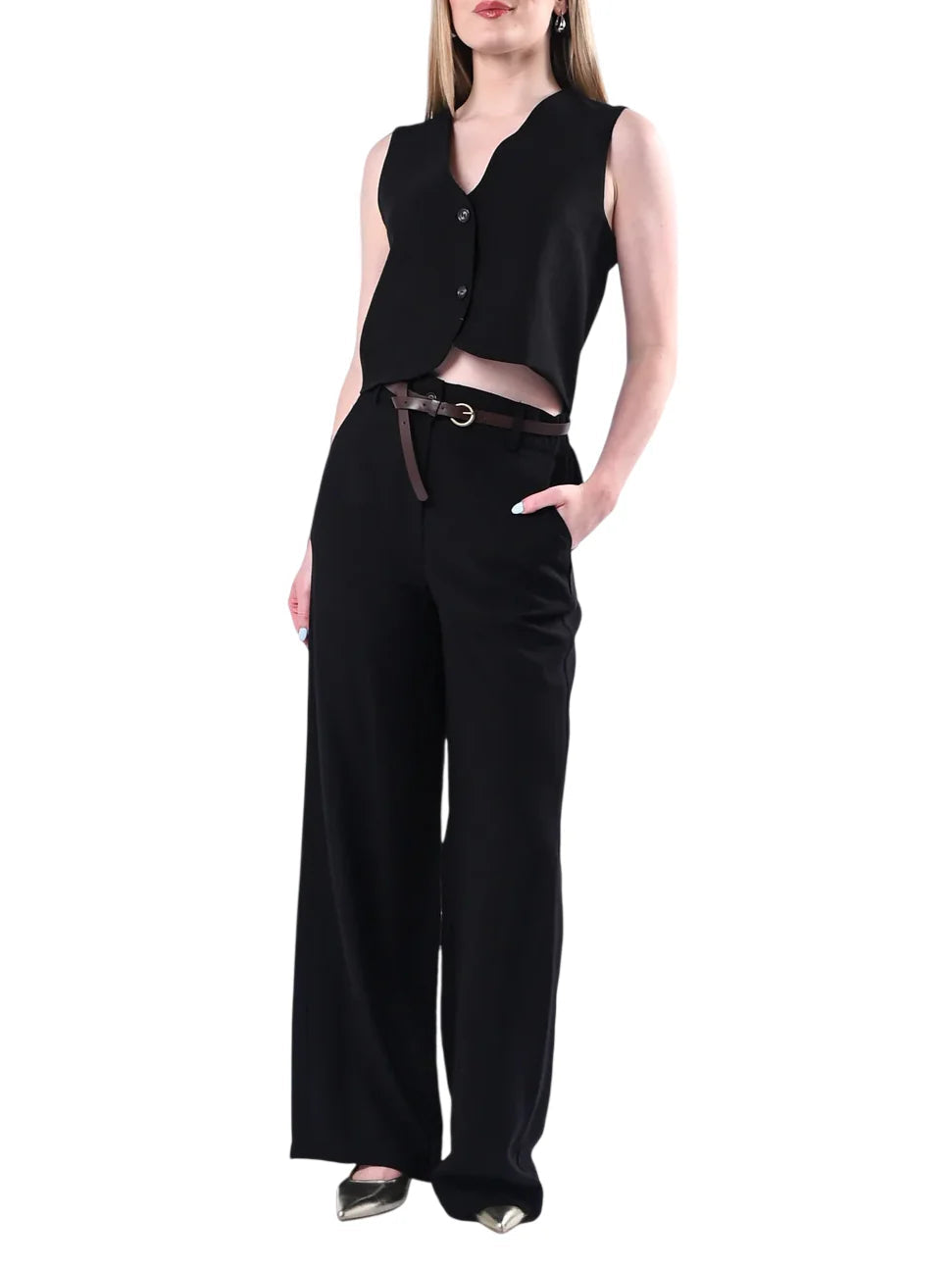 Haveone pantaloni gamba larga donna con cintura nero PIA-Q532 NERO HAVEONE