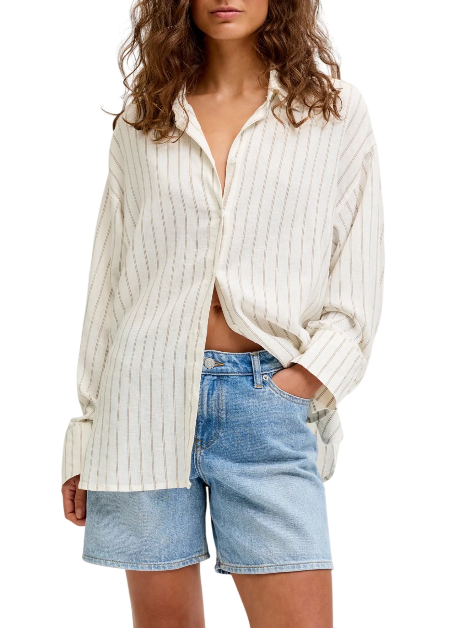 Jjxx camicia gessata donna misto lino panna beige 12287703 BLANC DE BLANC-SILVER MINK JJXX