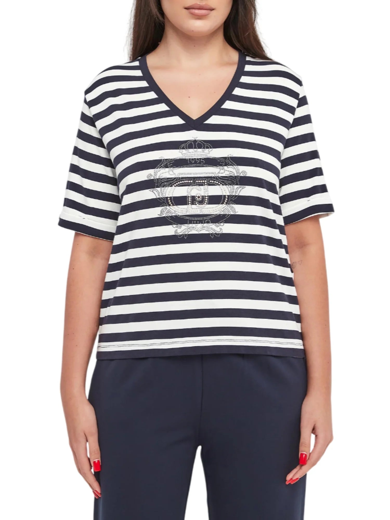 Liu Jo T-shirt manica corta a righe con strass panna blu TA6206JS005 C3882 LIU JO