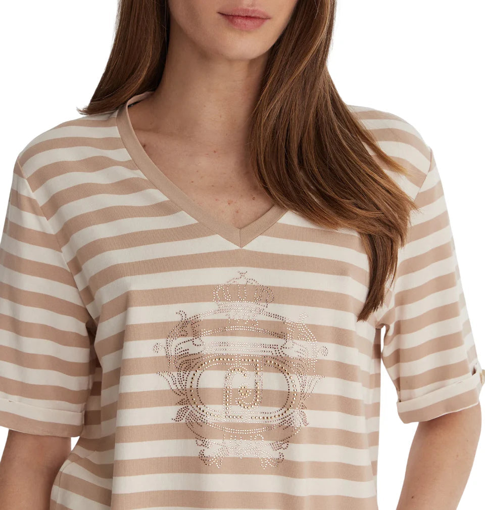 Liu Jo T-shirt manica corta a righe con strass panna beige TA6206JS005 C3883 LIU JO
