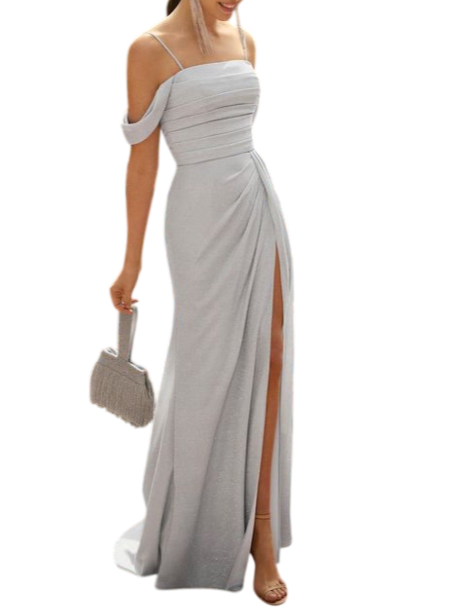 Marfil abito da cerimonia lurex con spacco argento 1J1M6LRX00 005-PLATA MARFIL BARCELONA