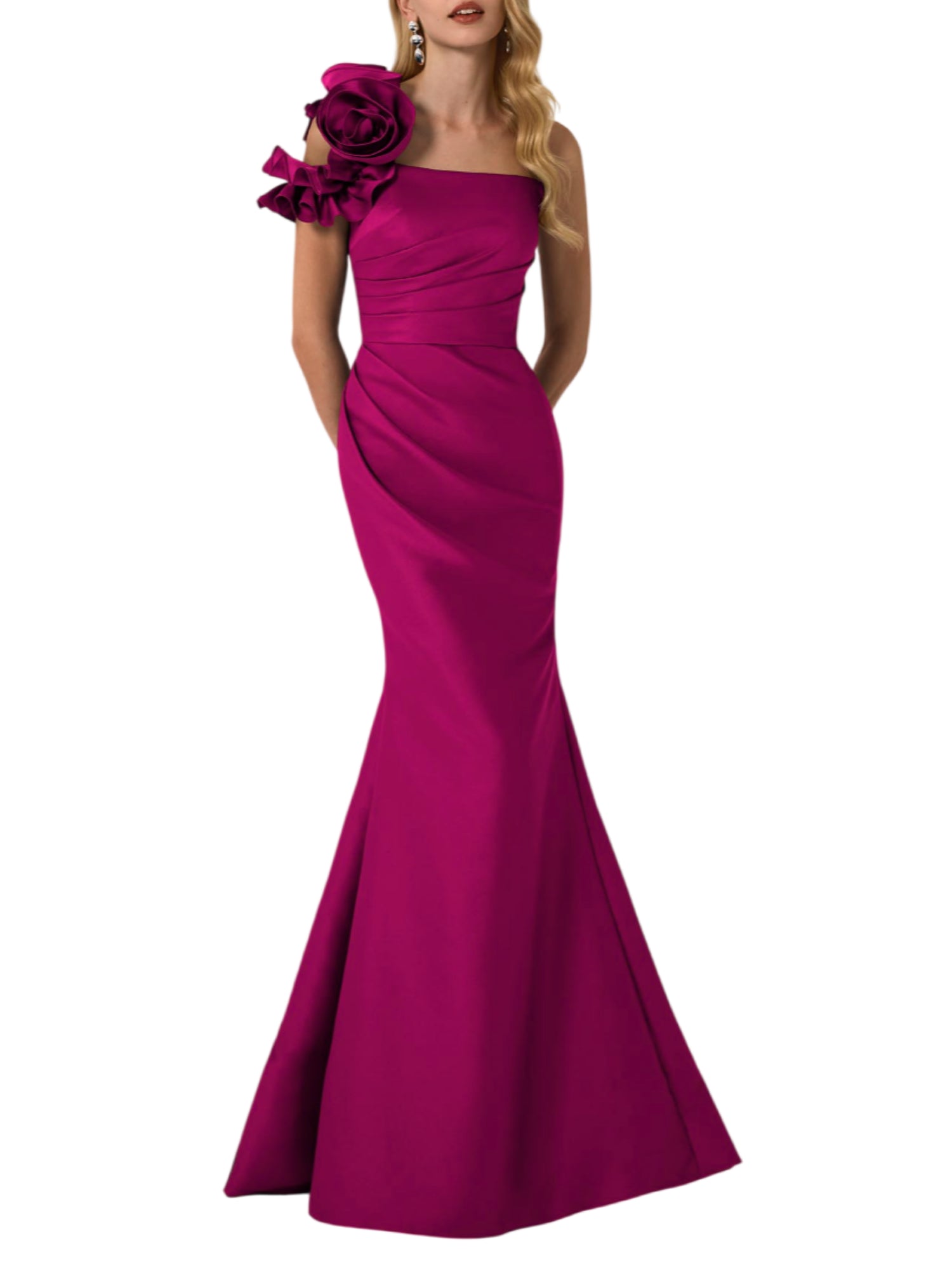 Marfil abito da cerimonia monospalla con rouches magenta 1J285MIK00 515-PURPURA MARFIL BARCELONA