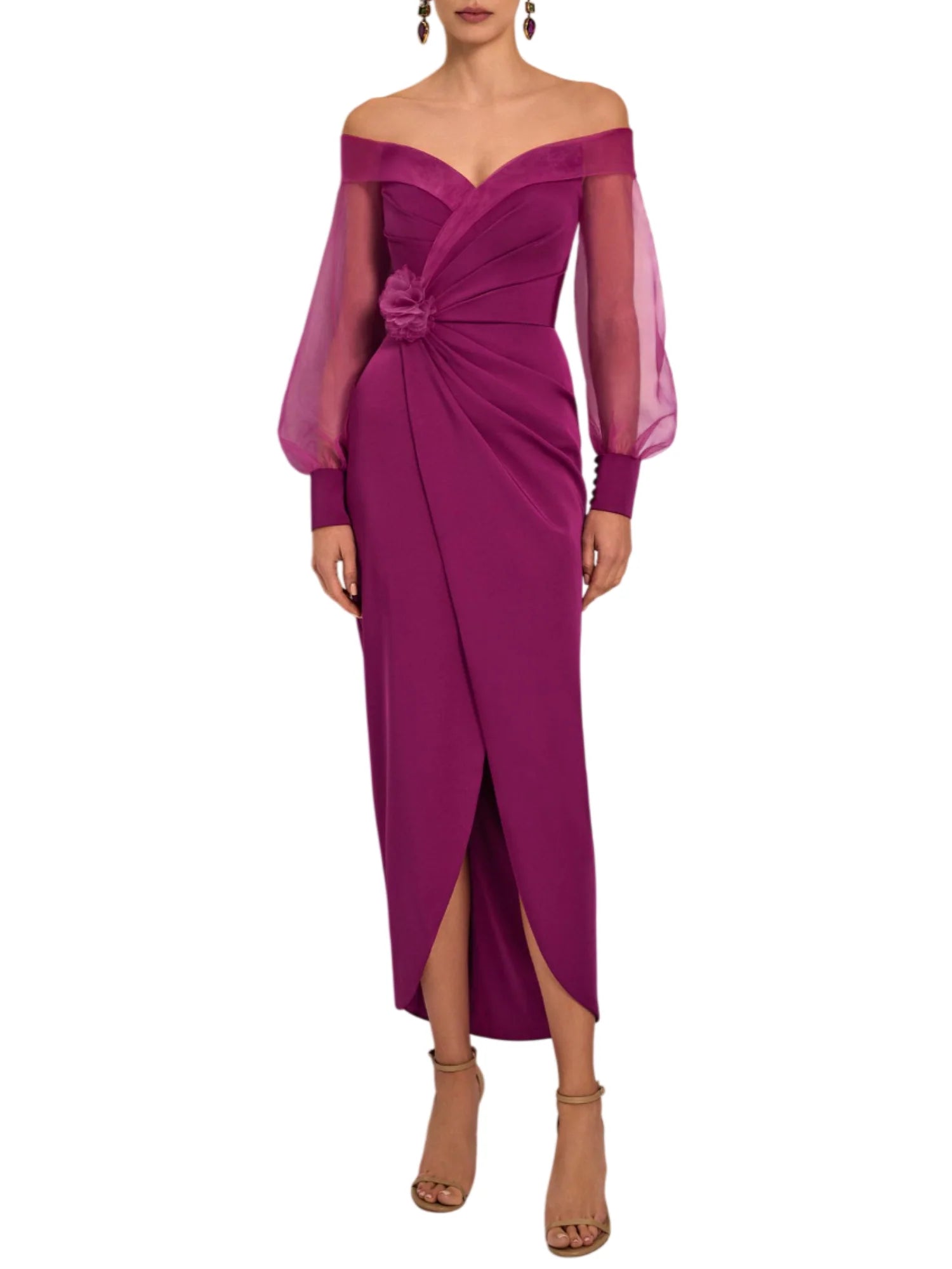 Marfil abito cerimonia con maniche in organza magenta 1J2K1CRS00 510-BUGANVILLA MARFIL BARCELONA