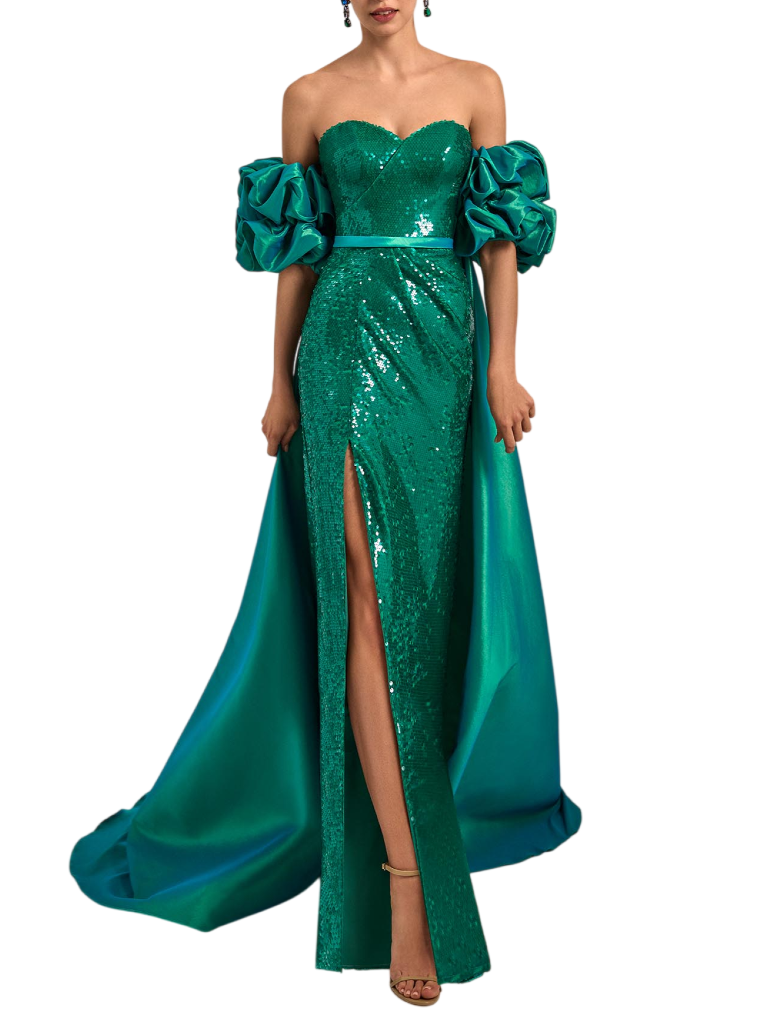 Marfil abito cerimonia lungo con paillettes e mantella verde 1J3B9LEN00750 JADE MARFIL BARCELONA